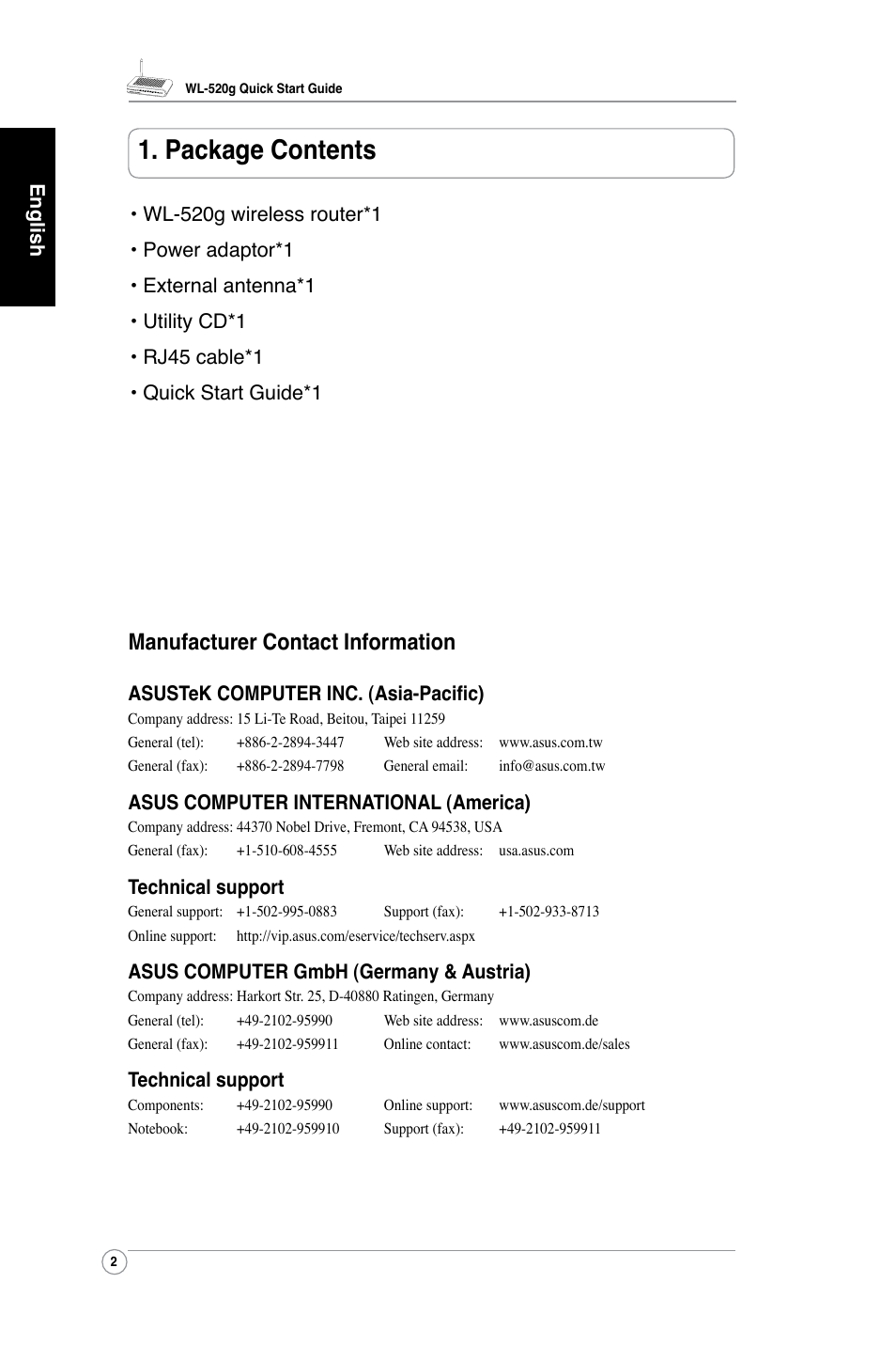 Package contents, Manufacturer contact information, English | Asustek computer inc. (asia-pacific), Asus computer international (america), Technical support, Asus computer gmbh (germany & austria) | Asus WL-520G User Manual | Page 4 / 136