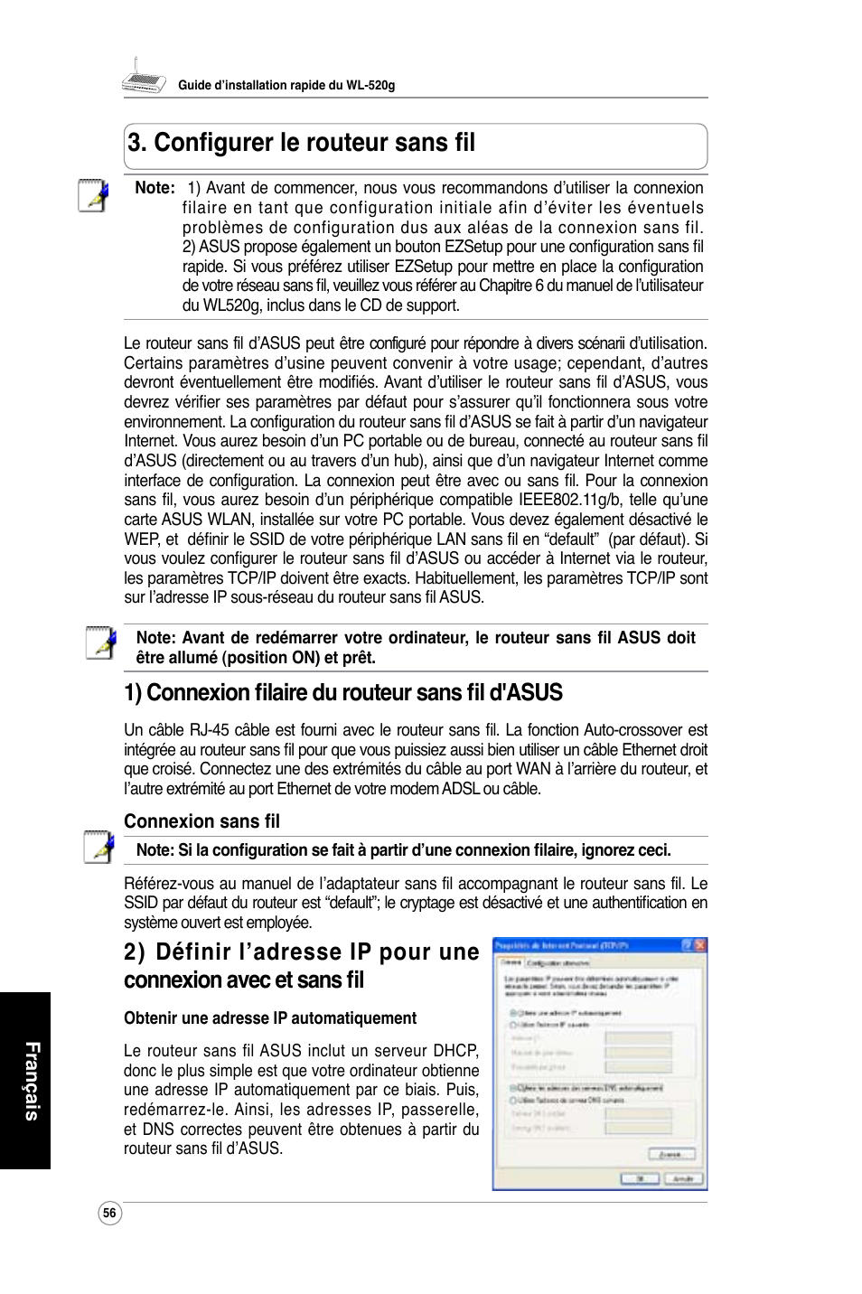 Configurer le routeur sans fil, 1) connexion filaire du routeur sans fil d'asus | Asus WL-520G User Manual | Page 58 / 136