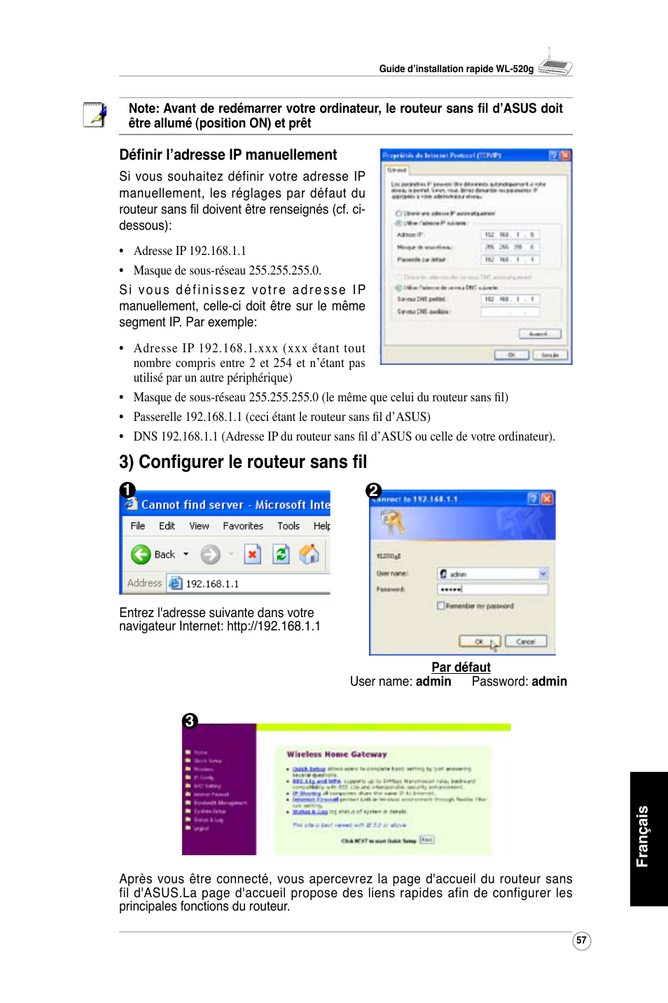 3) configurer le routeur sans fil | Asus WL-520G User Manual | Page 59 / 136