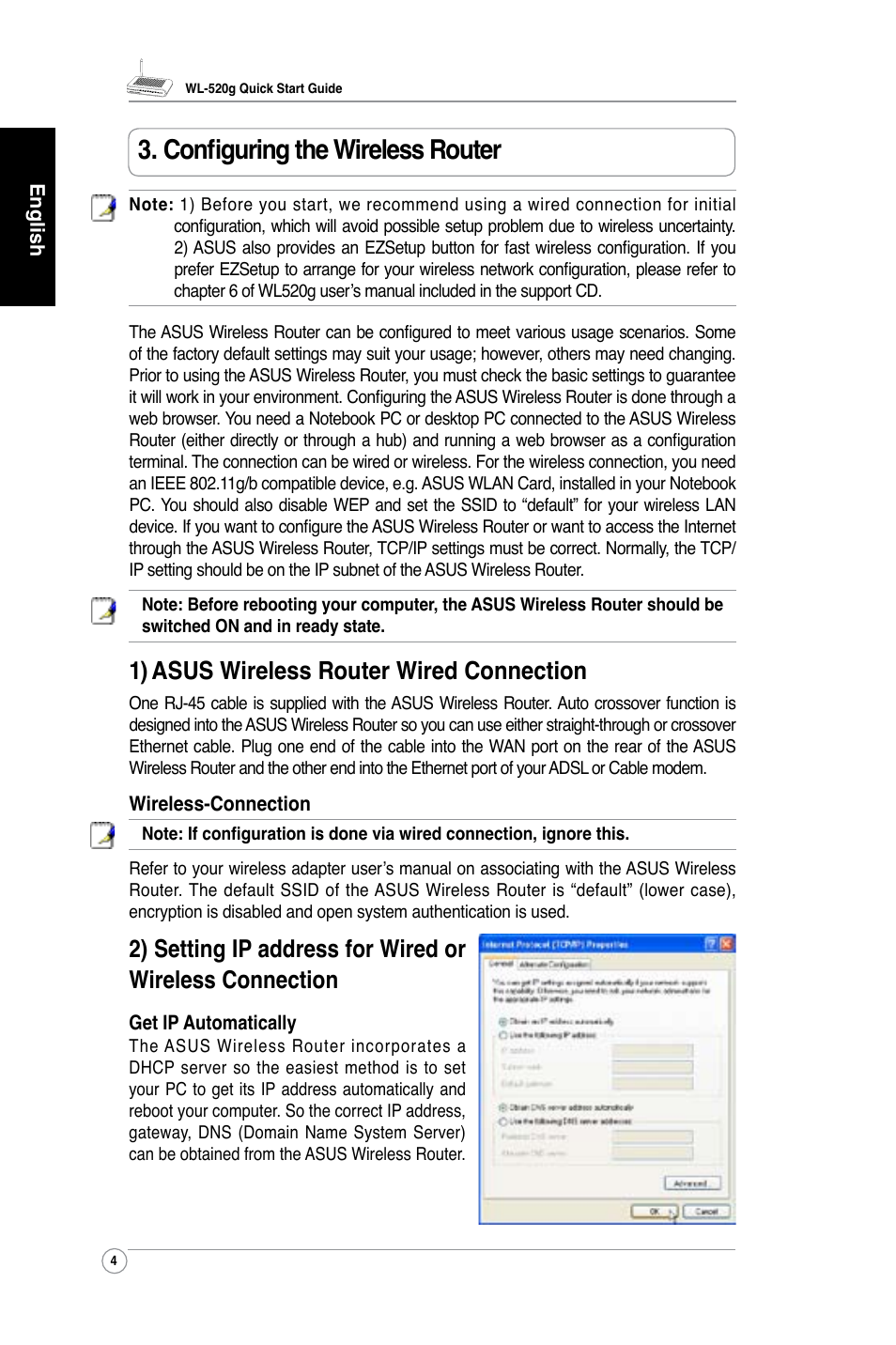 Configuring the wireless router, 1) asus wireless router wired connection | Asus WL-520G User Manual | Page 6 / 136