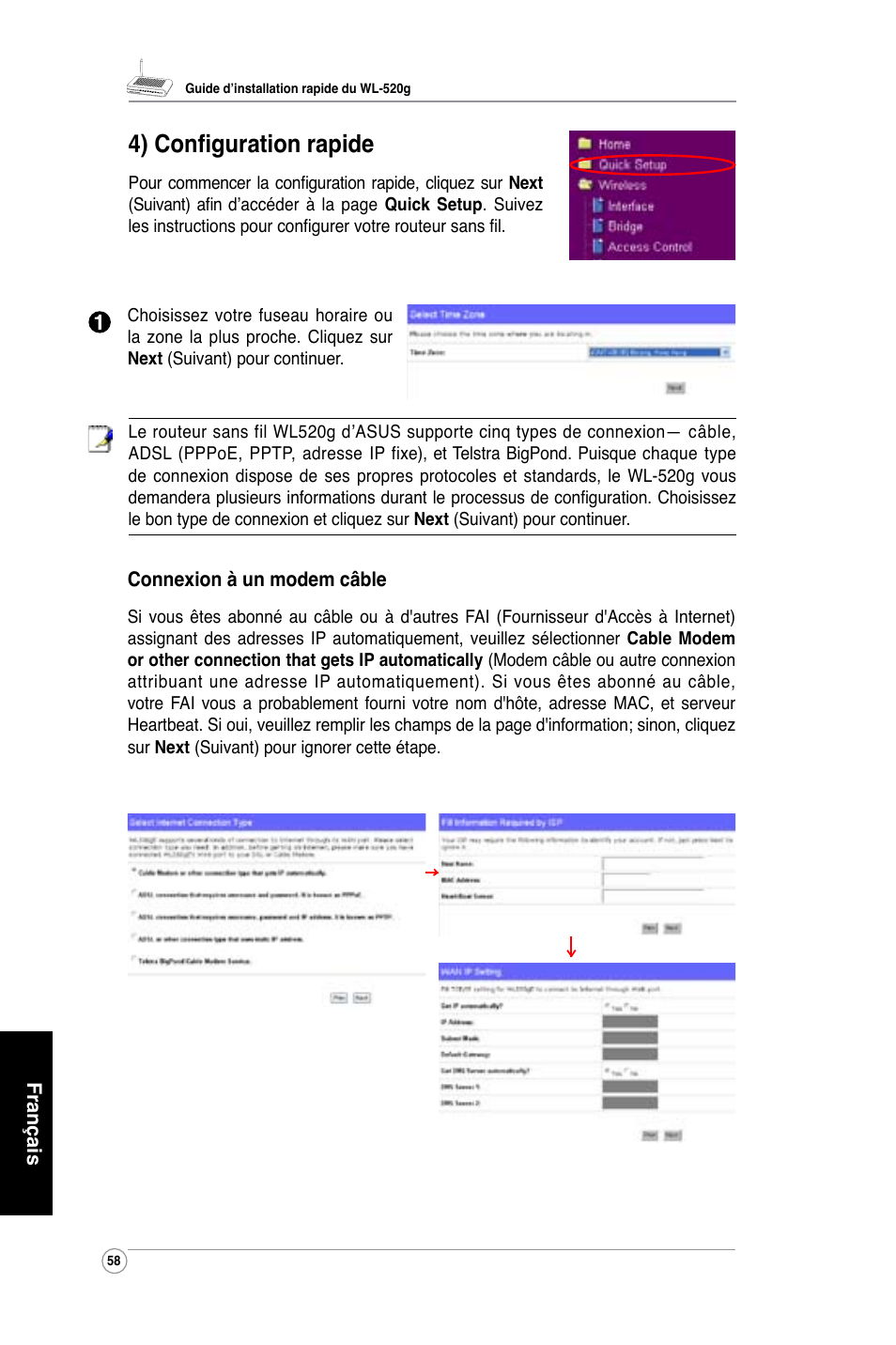 4) configuration rapide | Asus WL-520G User Manual | Page 60 / 136