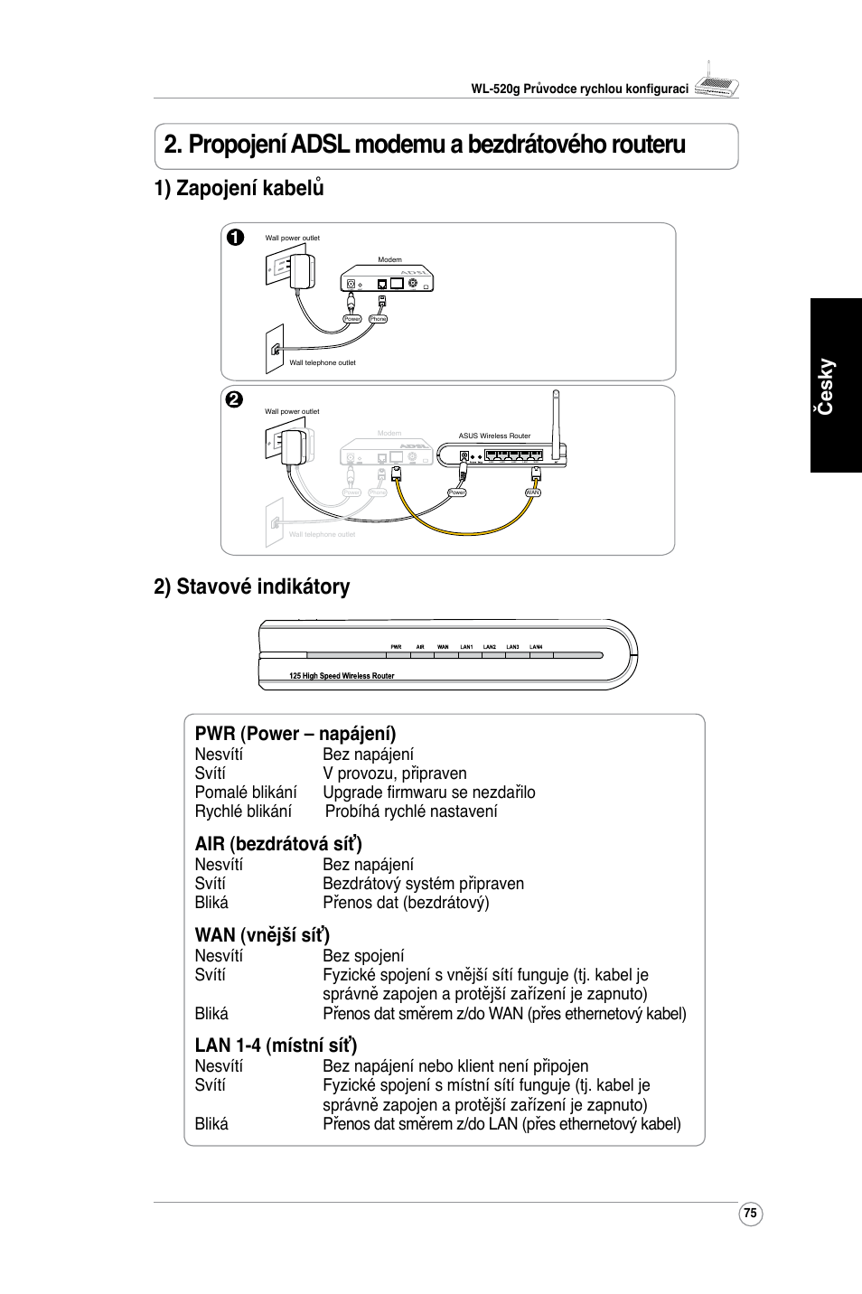 Propojení adsl modemu a bezdrátového routeru, 1) zapojení kabelů, 2) stavové indikátory | Česky, Pwr (power – napájení), Air (bezdrátová síť), Wan (vnější síť), Lan 1-4 (místní síť) | Asus WL-520G User Manual | Page 77 / 136