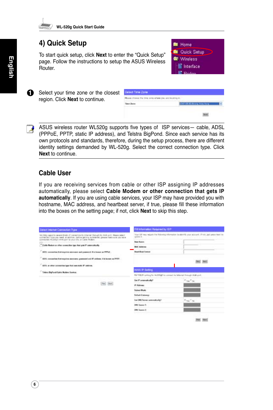 4) quick setup, Cable user | Asus WL-520G User Manual | Page 8 / 136