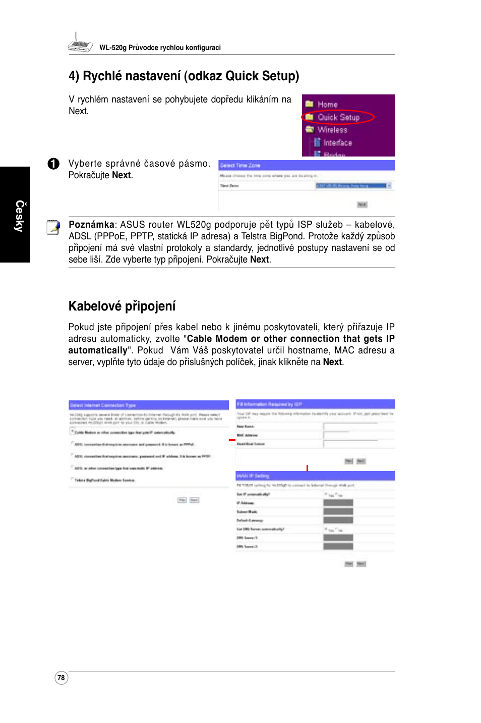 Kabelové připojení, 4) rychlé nastavení (odkaz quick setup) | Asus WL-520G User Manual | Page 80 / 136