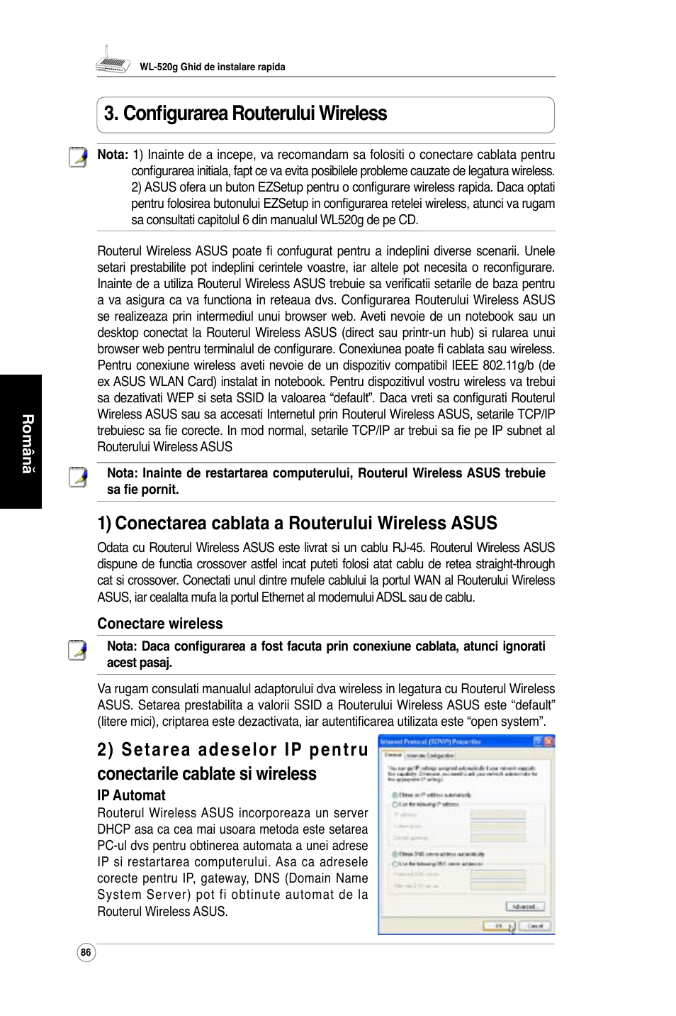 Configurarea routerului wireless, 1) conectarea cablata a routerului wireless asus | Asus WL-520G User Manual | Page 88 / 136