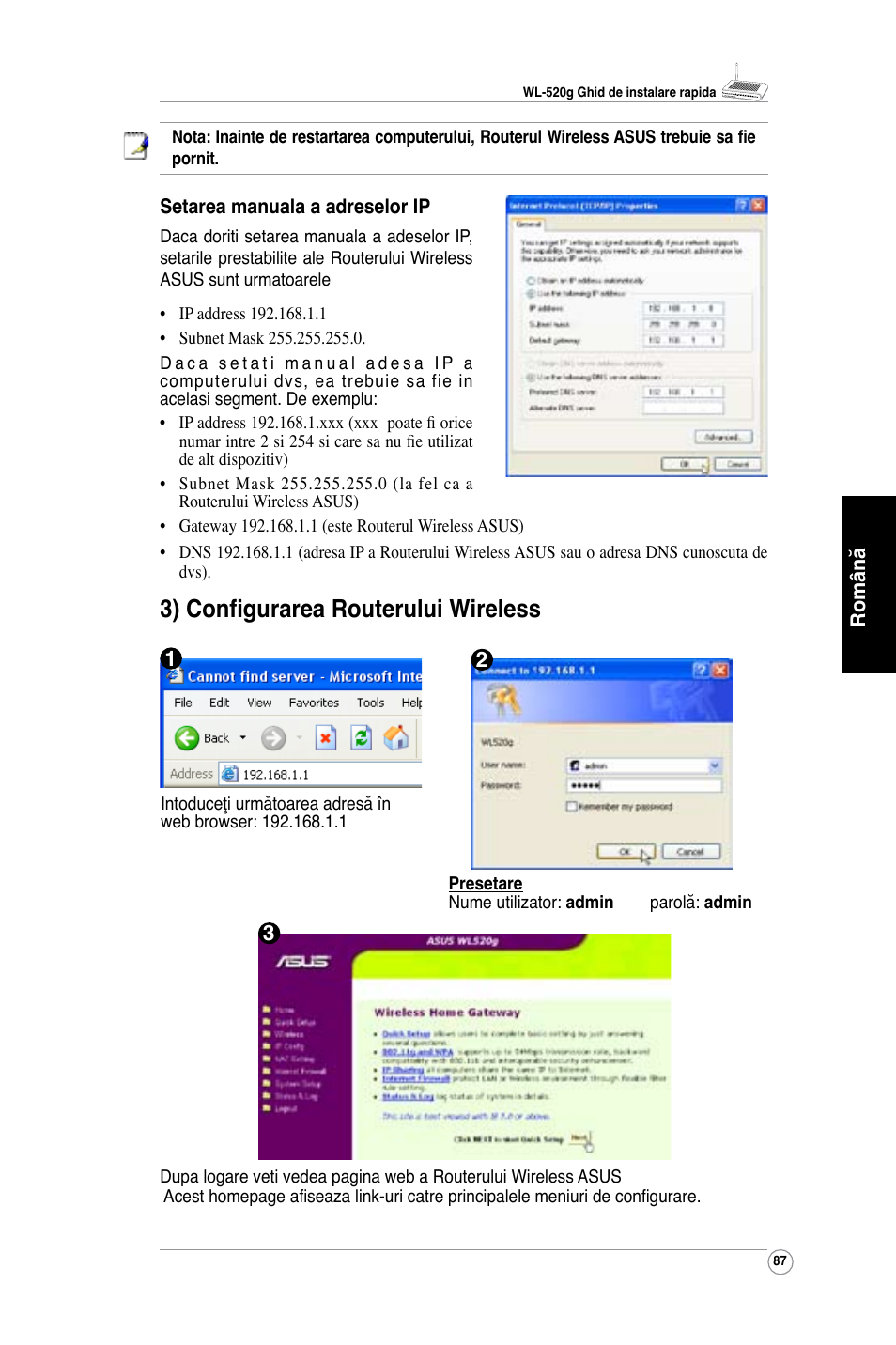 3) configurarea routerului wireless | Asus WL-520G User Manual | Page 89 / 136