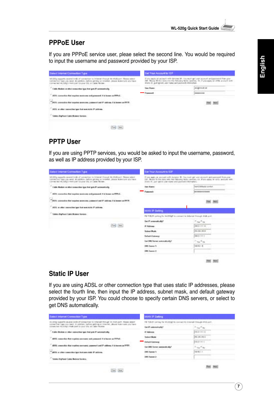 Pppoe user, Pptp user, Static ip user | Asus WL-520G User Manual | Page 9 / 136