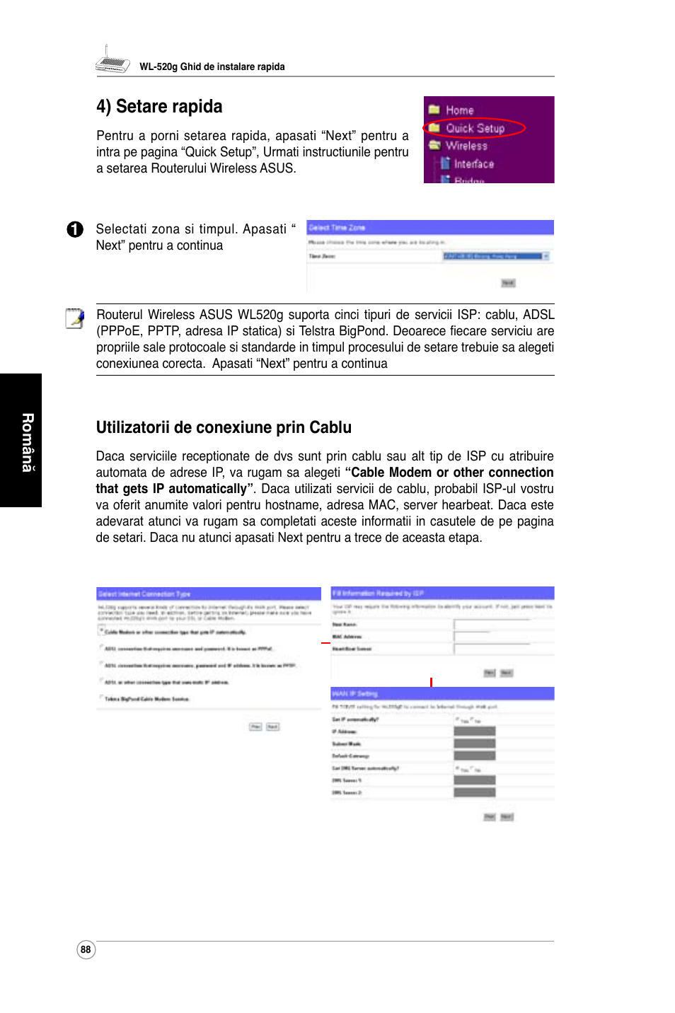 4) setare rapida, Utilizatorii de conexiune prin cablu | Asus WL-520G User Manual | Page 90 / 136
