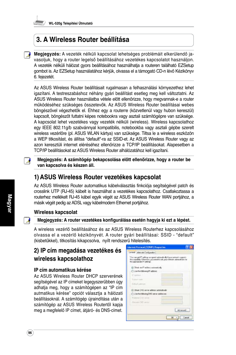 A wireless router beállítása, 1) asus wireless router vezetékes kapcsolat | Asus WL-520G User Manual | Page 98 / 136
