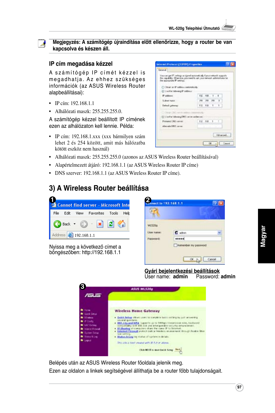 3) a wireless router beállítása | Asus WL-520G User Manual | Page 99 / 136