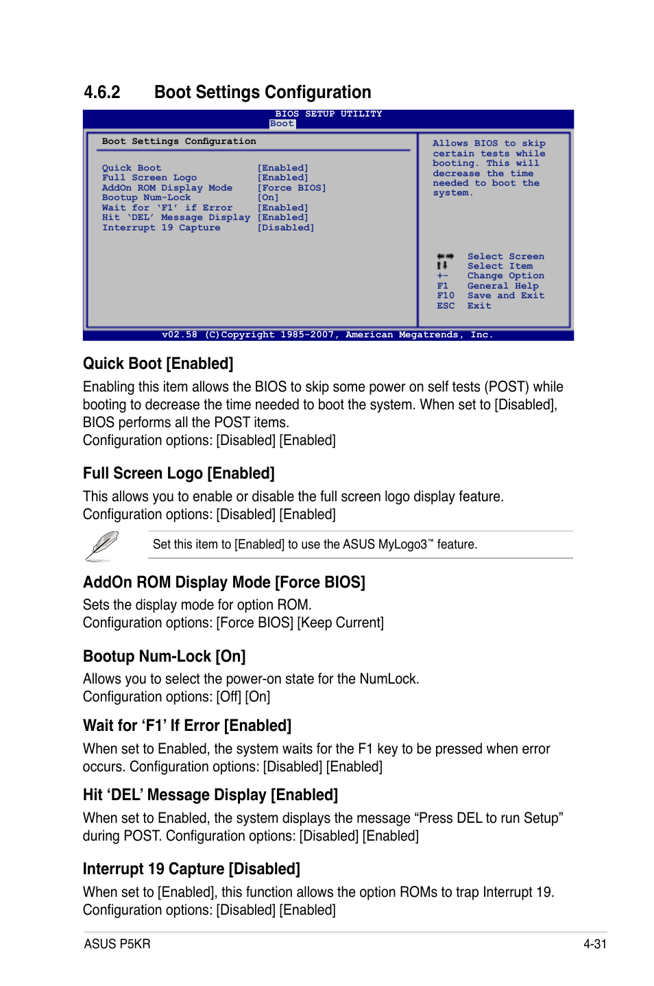 2 boot settings configuration, Quick boot [enabled, Full screen logo [enabled | Addon rom display mode [force bios, Bootup num-lock [on, Wait for ‘f1’ if error [enabled, Hit ‘del’ message display [enabled, Interrupt 19 capture [disabled | Asus P5KR User Manual | Page 101 / 160