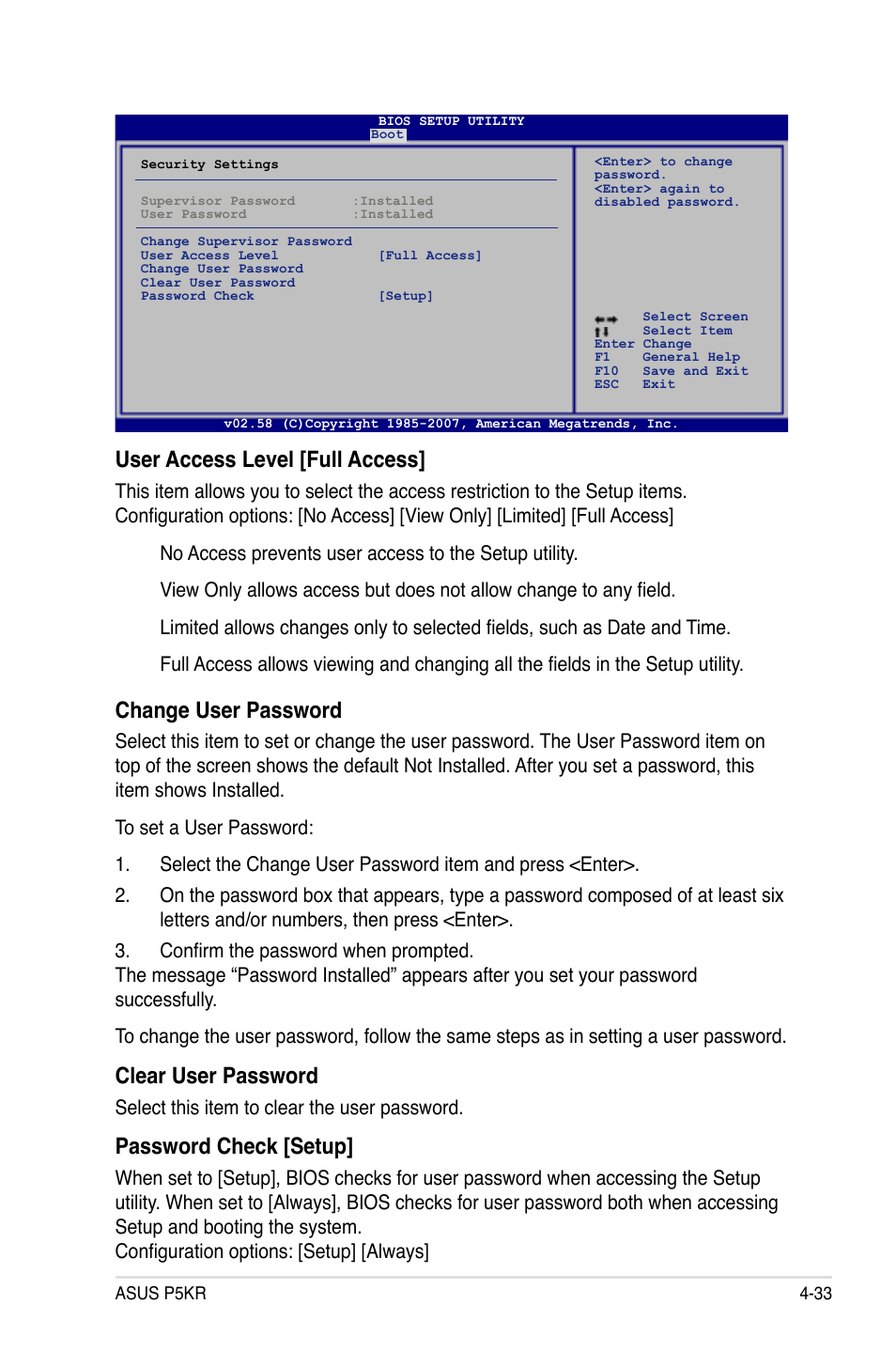 User access level [full access, Change user password, Clear user password | Password check [setup, Select this item to clear the user password | Asus P5KR User Manual | Page 103 / 160