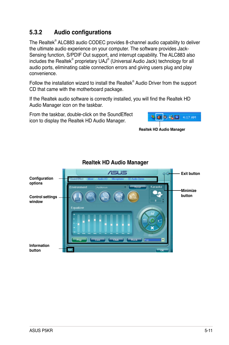 2 audio configurations, Realtek hd audio manager | Asus P5KR User Manual | Page 119 / 160