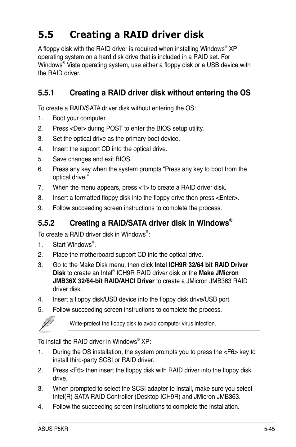 5 creating a raid driver disk, 2 creating a raid/sata driver disk in windows | Asus P5KR User Manual | Page 153 / 160