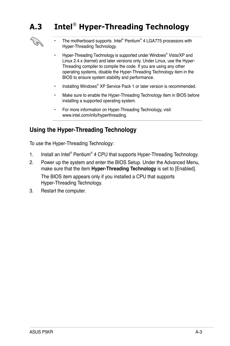A.3 intel, Hyper-threading technology, Using the hyper-threading technology | Asus P5KR User Manual | Page 159 / 160