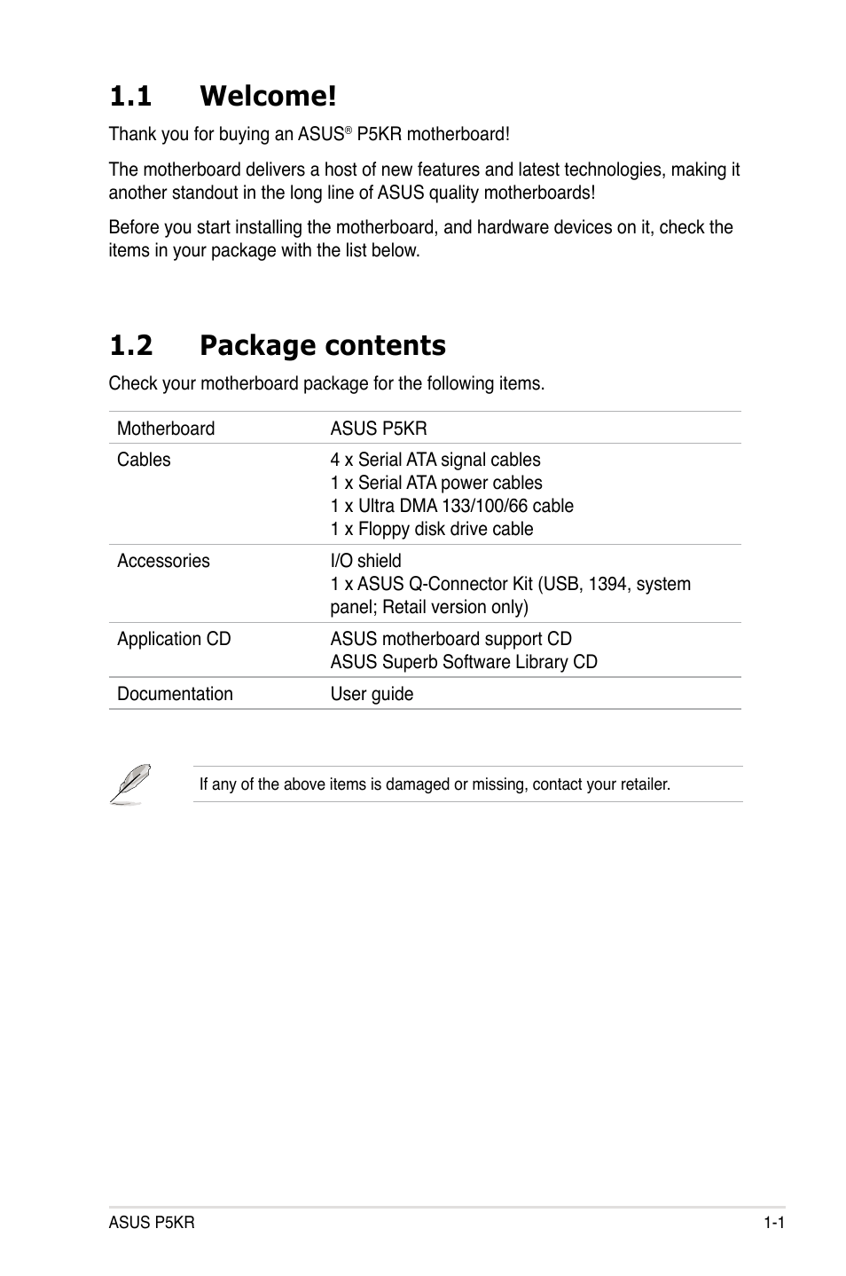 1 welcome, 2 package contents | Asus P5KR User Manual | Page 17 / 160