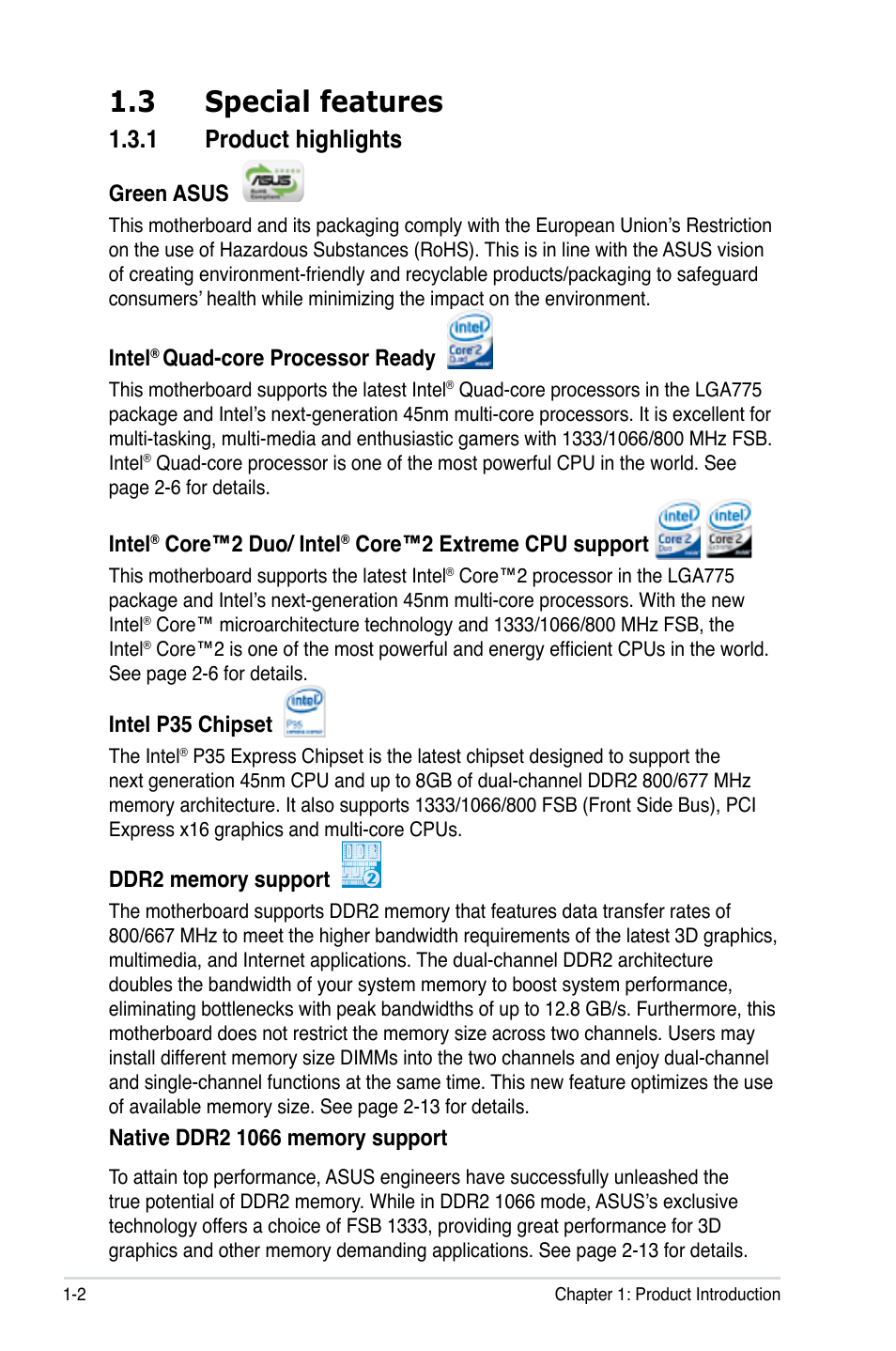 3 special features, 1 product highlights | Asus P5KR User Manual | Page 18 / 160