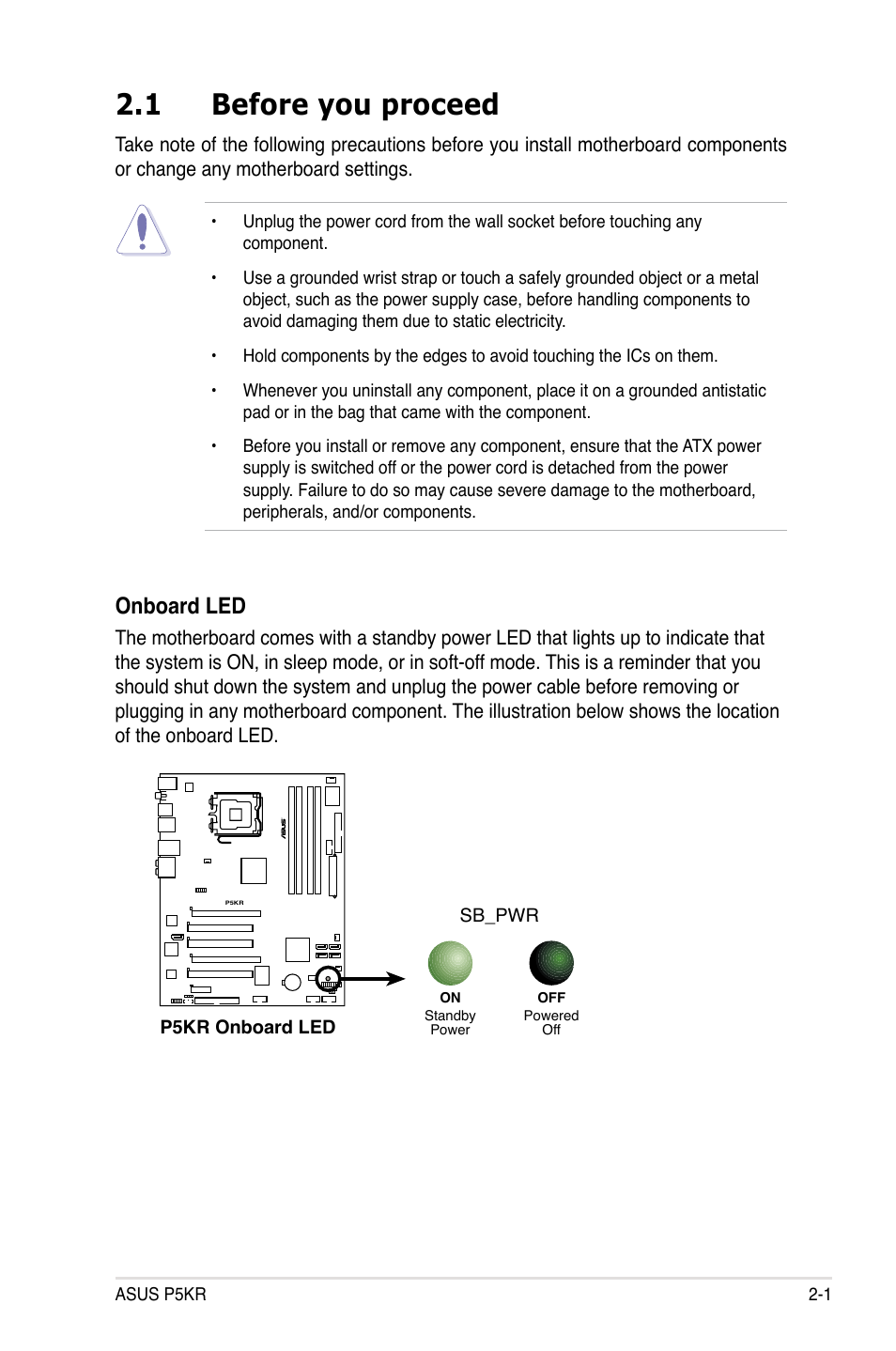 1 before you proceed, Onboard led | Asus P5KR User Manual | Page 25 / 160