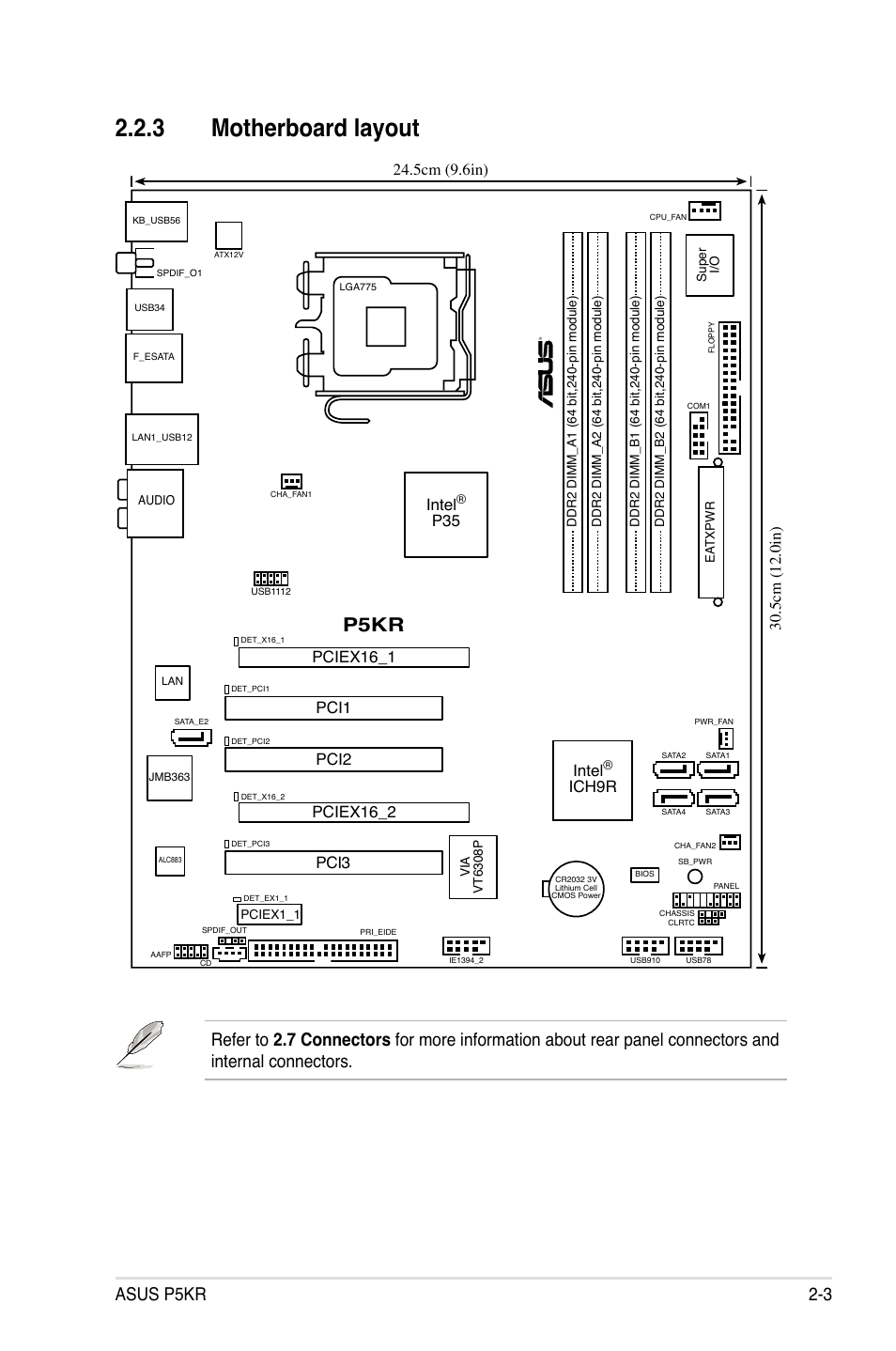 3 motherboard layout, P5kr, Asus p5kr 2-3 | Pciex16_2, Intel, Ich9r, P35 pci1 | Asus P5KR User Manual | Page 27 / 160