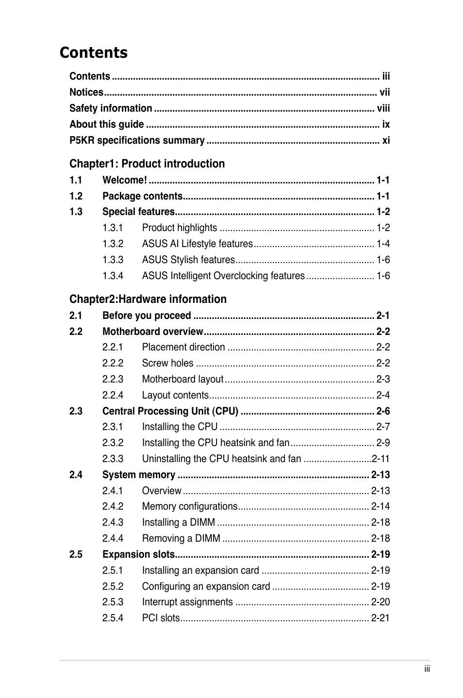 Asus P5KR User Manual | Page 3 / 160