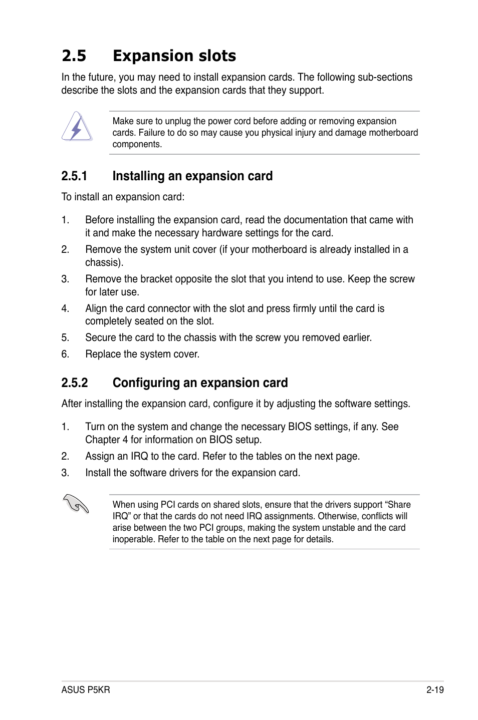 5 expansion slots, 1 installing an expansion card, 2 configuring an expansion card | Asus P5KR User Manual | Page 43 / 160