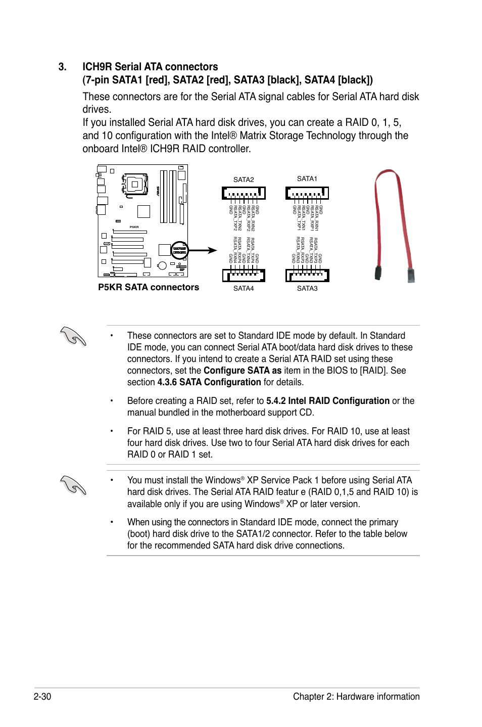 30 chapter 2: hardware information, P5kr sata connectors, P5b sata connectors | Sata1 sata3 sata2 sata4 | Asus P5KR User Manual | Page 54 / 160