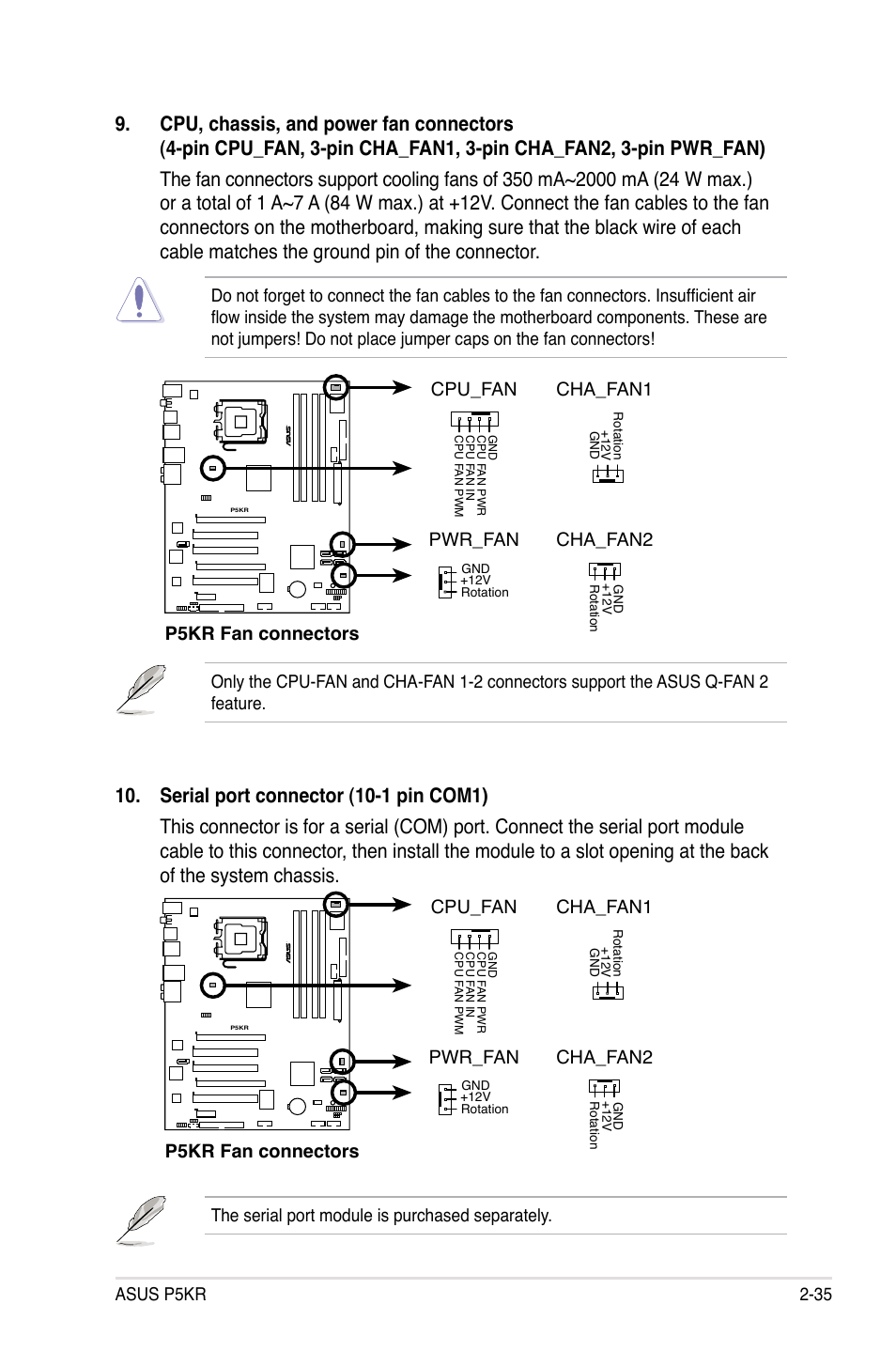 Asus p5kr 2-35, P5kr fan connectors cpu_fan cha_fan1, Cha_fan2 pwr_fan | The serial port module is purchased separately | Asus P5KR User Manual | Page 59 / 160