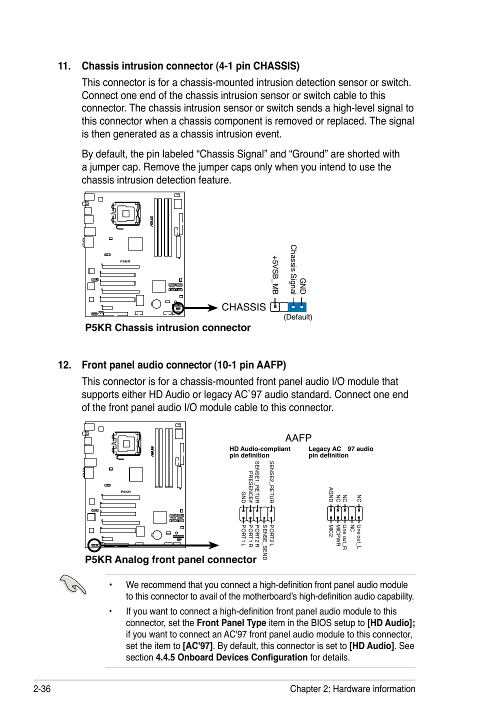 P5kr chassis intrusion connector chassis, P5kr analog front panel connector aafp, 36 chapter 2: hardware information | Asus P5KR User Manual | Page 60 / 160