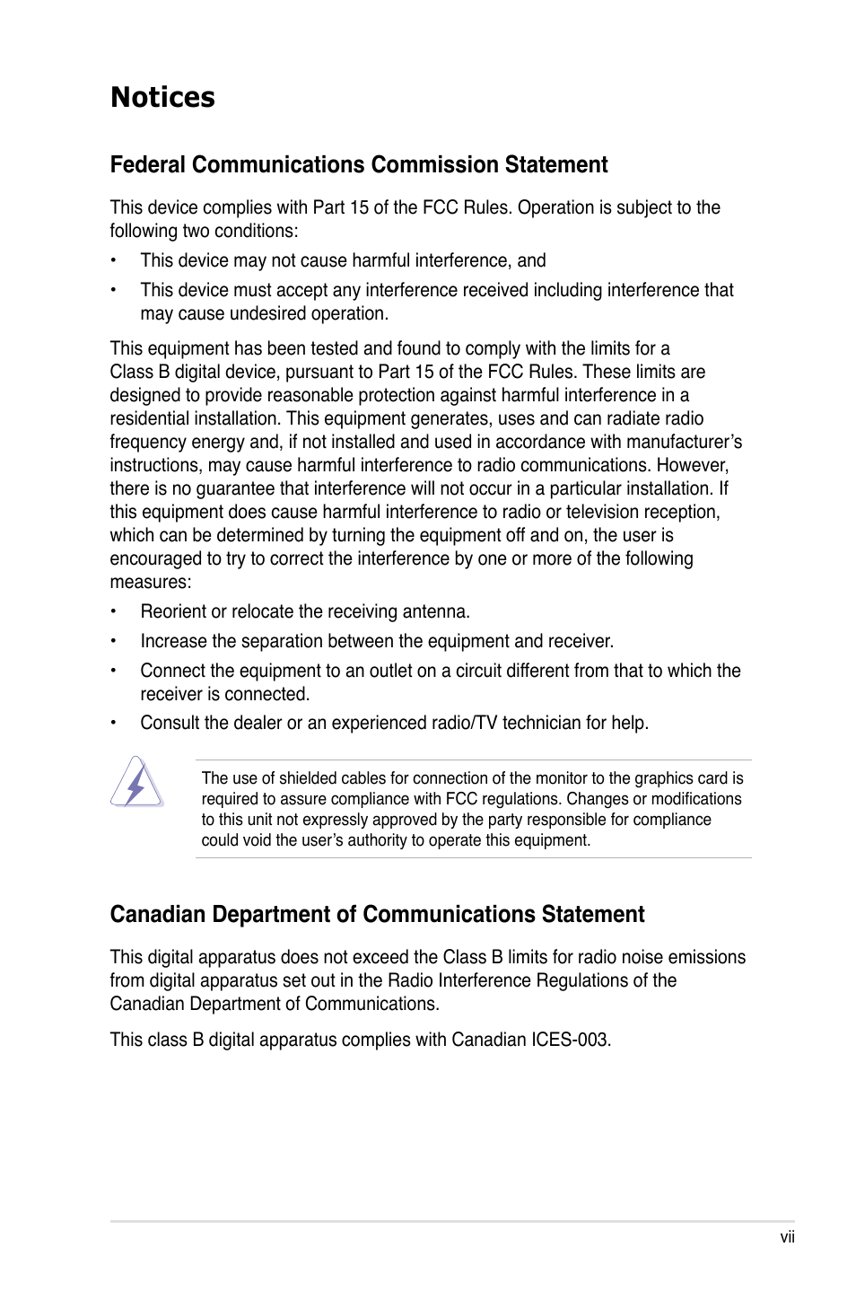 Notices, Federal communications commission statement, Canadian department of communications statement | Asus P5KR User Manual | Page 7 / 160