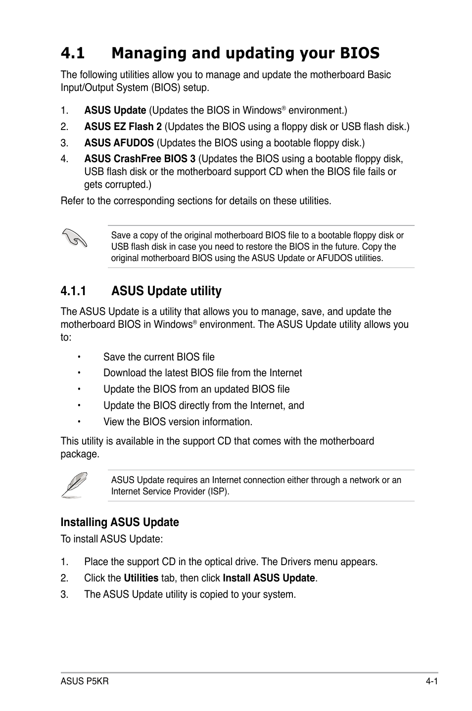 1 managing and updating your bios, 1 asus update utility | Asus P5KR User Manual | Page 71 / 160