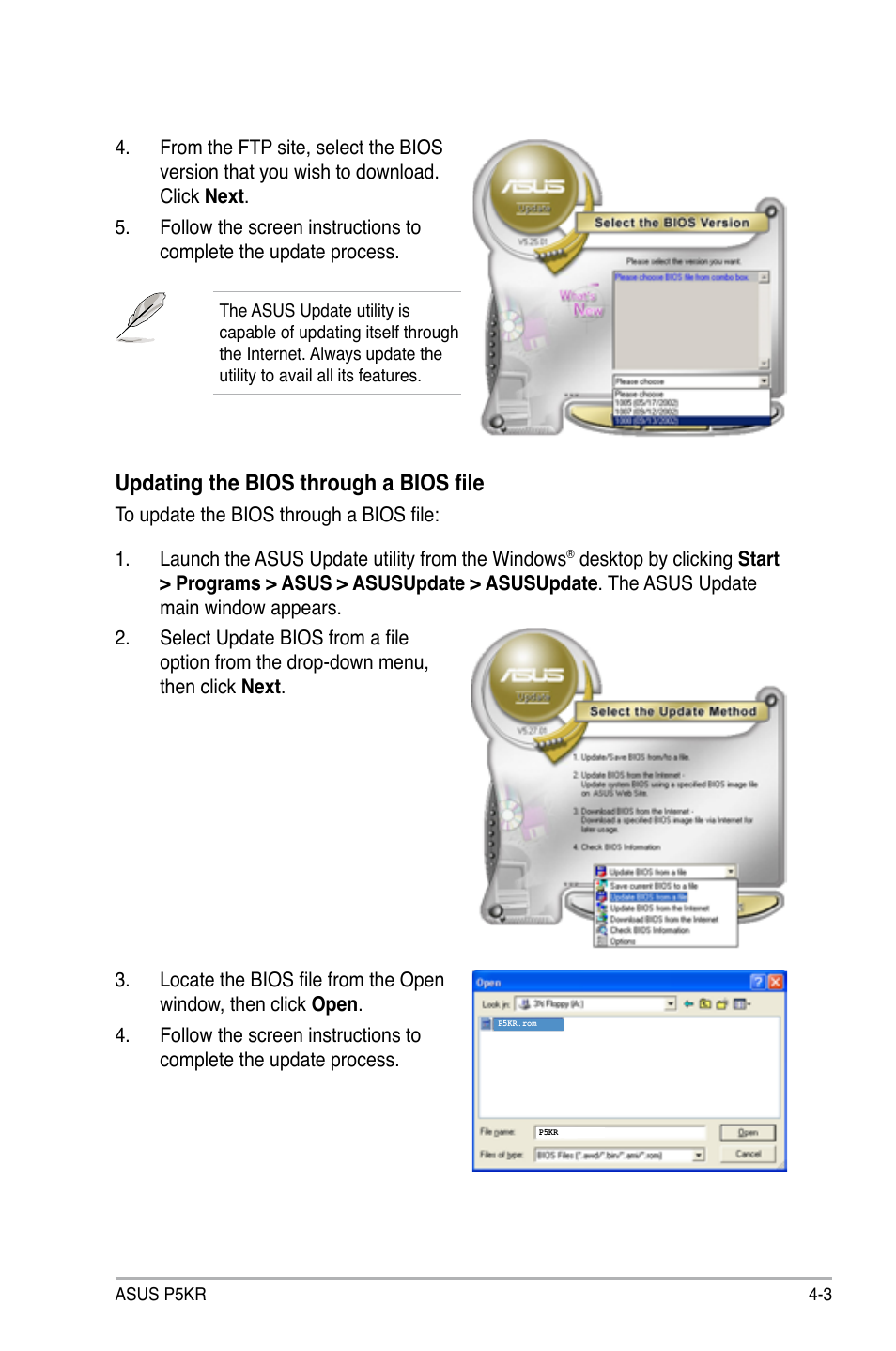 Updating the bios through a bios file | Asus P5KR User Manual | Page 73 / 160