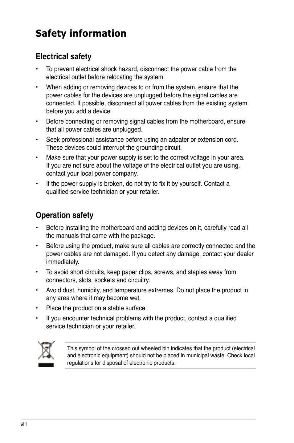 Safety information, Electrical safety, Operation safety | Asus P5KR User Manual | Page 8 / 160