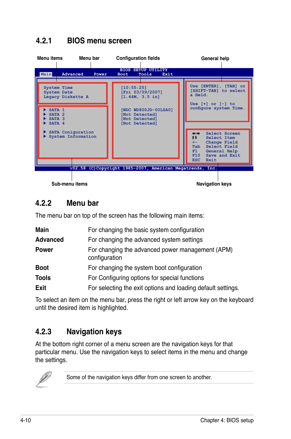 2 menu bar, 3 navigation keys, 1 bios menu screen | Asus P5KR User Manual | Page 80 / 160