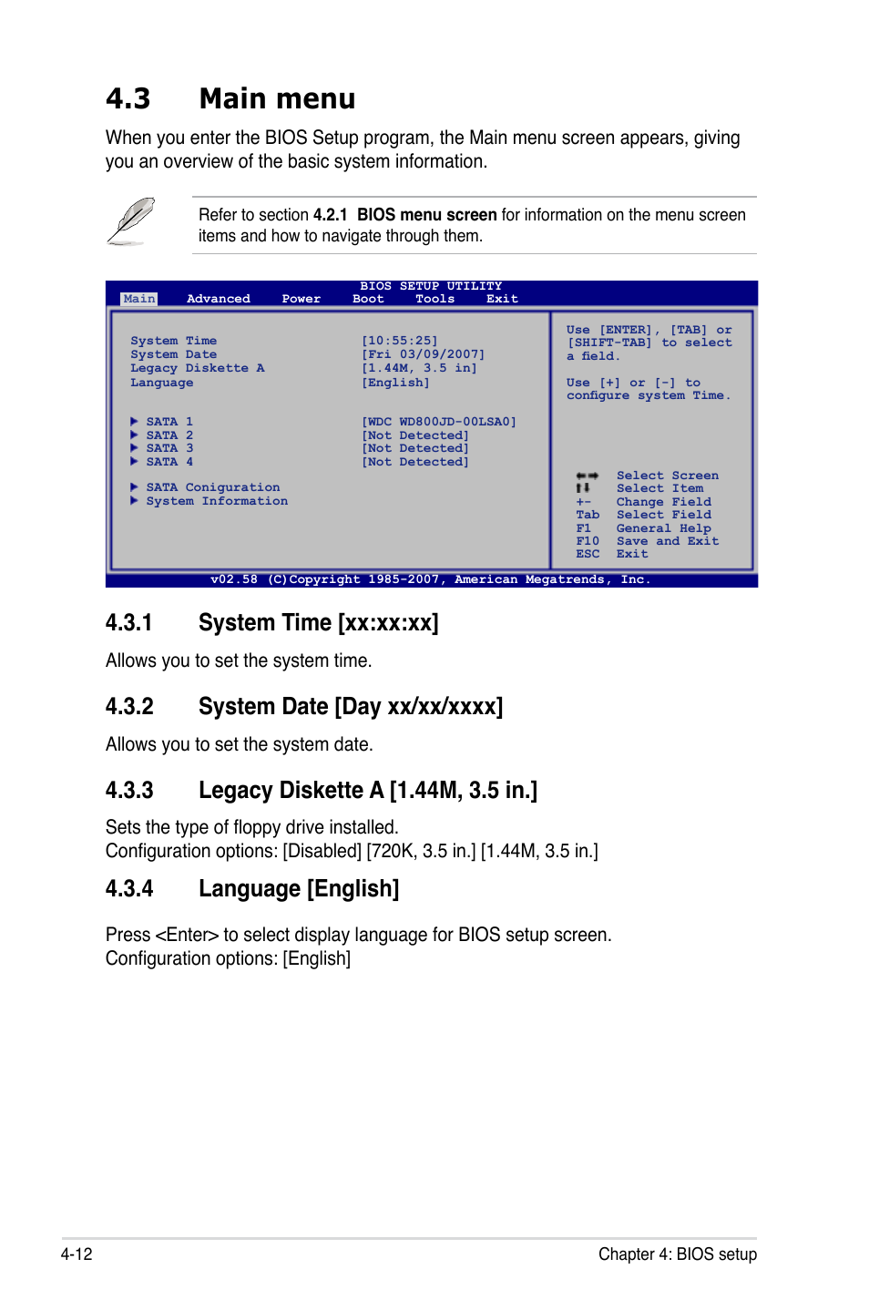 3 main menu, 1 system time [xx:xx:xx, 4 language [english | Allows you to set the system time, Allows you to set the system date | Asus P5KR User Manual | Page 82 / 160