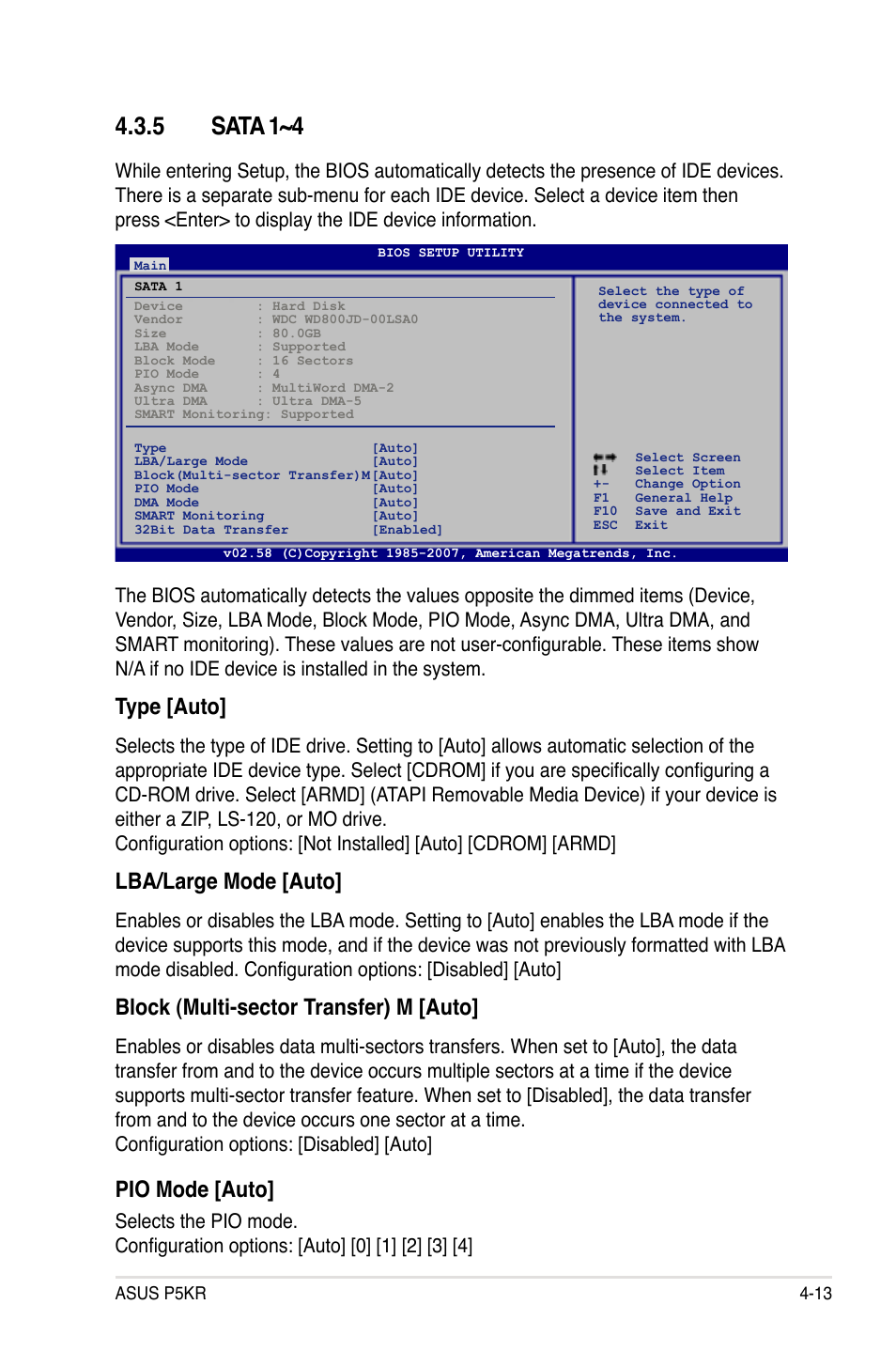 5 sata 1~4, Type [auto, Lba/large mode [auto | Block (multi-sector transfer) m [auto, Pio mode [auto | Asus P5KR User Manual | Page 83 / 160