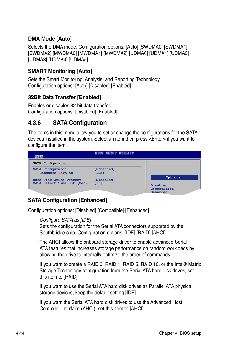 6 sata configuration, Dma mode [auto, Smart monitoring [auto | 32bit data transfer [enabled, Sata configuration [enhanced | Asus P5KR User Manual | Page 84 / 160