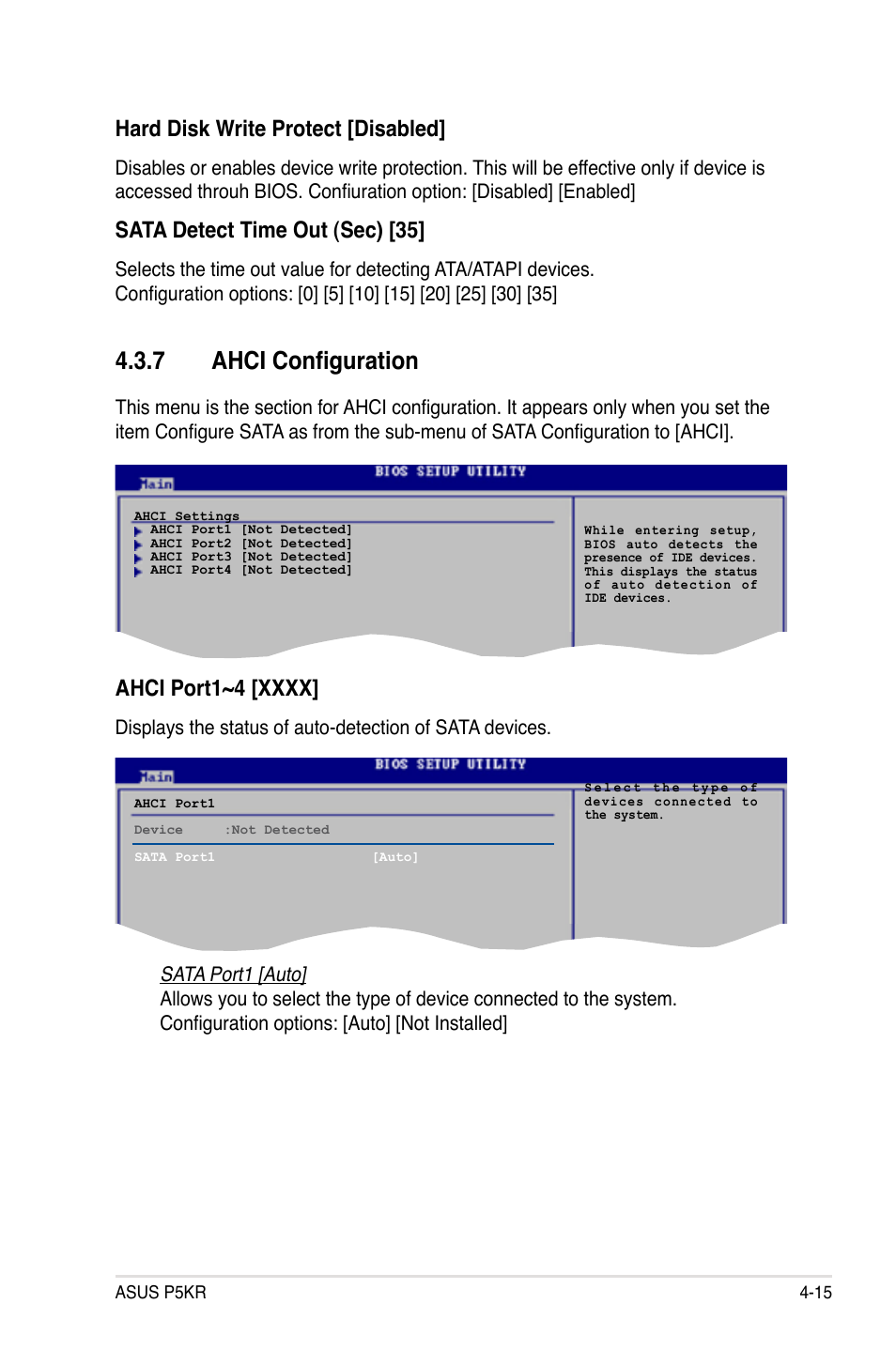 7 ahci configuration, Hard disk write protect [disabled, Sata detect time out (sec) [35 | Asus P5KR User Manual | Page 85 / 160