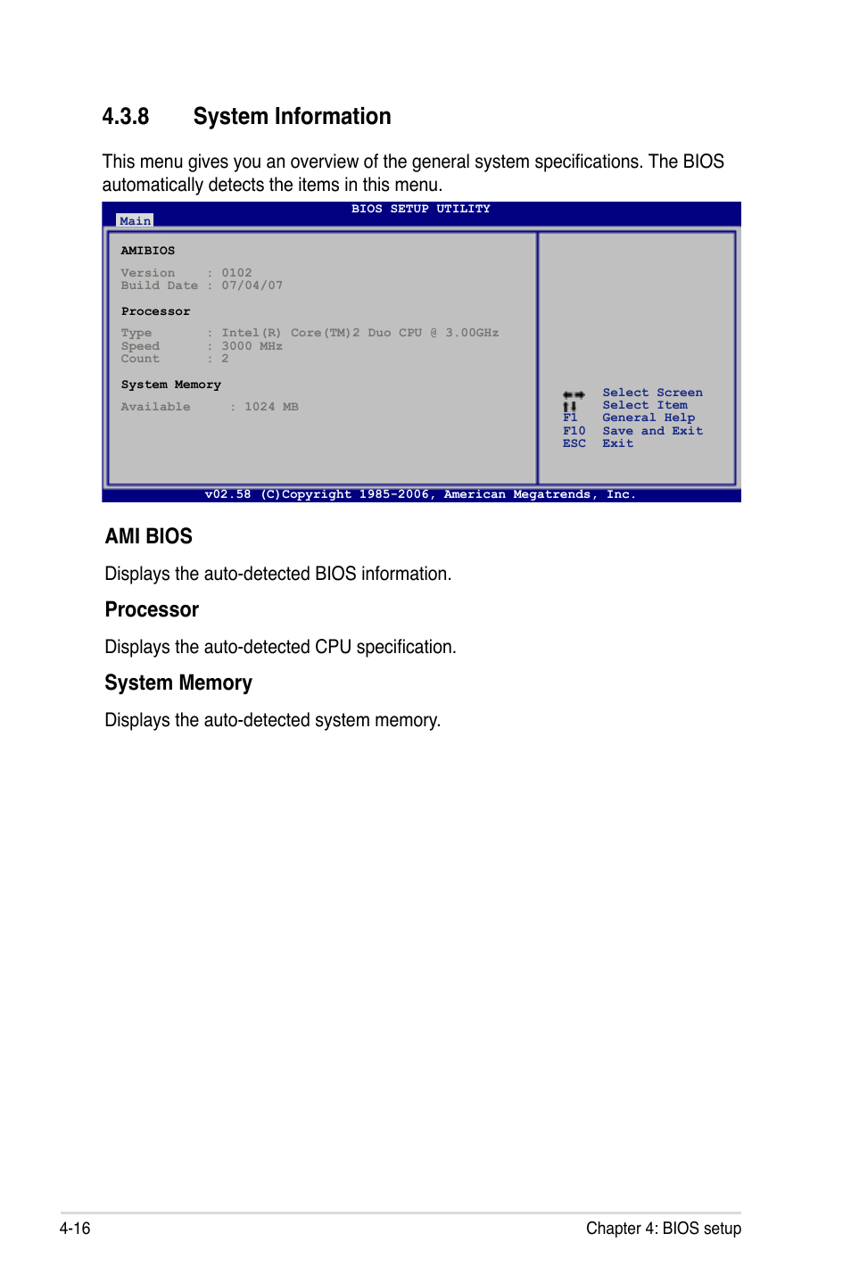 8 system information, Ami bios, Processor | Displays the auto-detected bios information, Displays the auto-detected cpu specification | Asus P5KR User Manual | Page 86 / 160