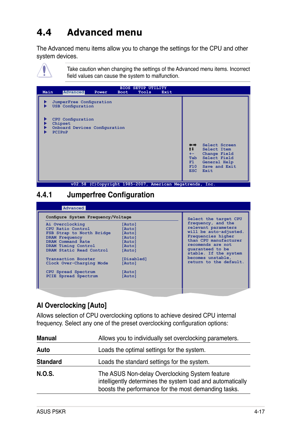 4 advanced menu, 1 jumperfree configuration, Ai overclocking [auto | Asus P5KR User Manual | Page 87 / 160