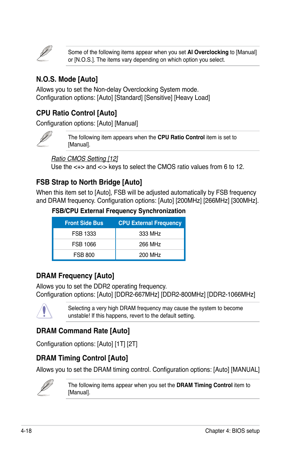 N.o.s. mode [auto, Cpu ratio control [auto, Fsb strap to north bridge [auto | Dram frequency [auto, Dram timing control [auto, Dram command rate [auto | Asus P5KR User Manual | Page 88 / 160