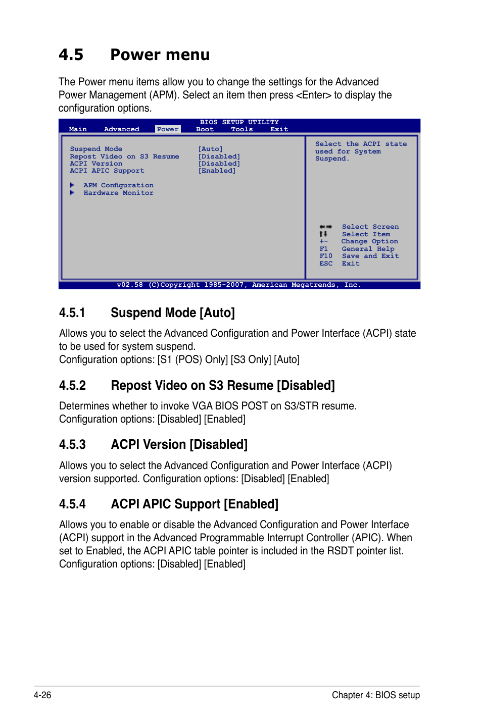 5 power menu, 1 suspend mode [auto, 2 repost video on s3 resume [disabled | 3 acpi version [disabled, 4 acpi apic support [enabled | Asus P5KR User Manual | Page 96 / 160