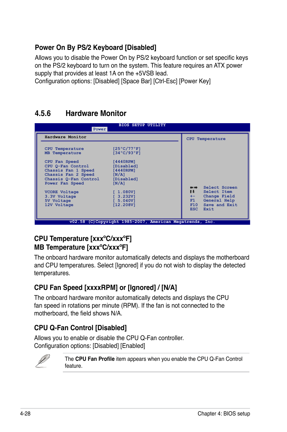 6 hardware monitor, Cpu q-fan control [disabled, Power on by ps/2 keyboard [disabled | Asus P5KR User Manual | Page 98 / 160