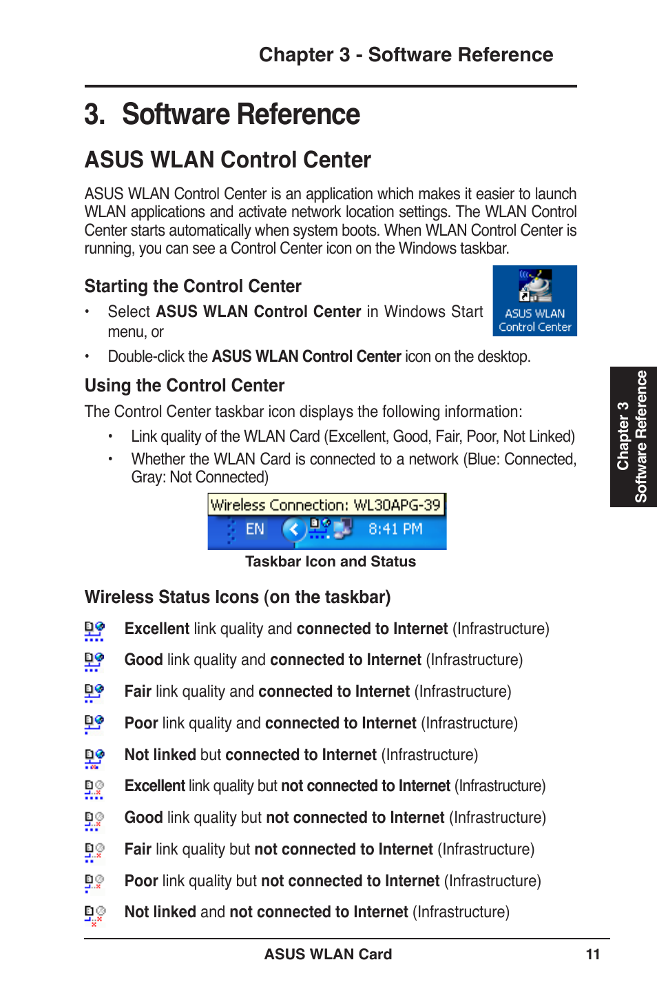 Software reference, Asus wlan control center, Chapter  - software reference | Asus WL-100W User Manual | Page 11 / 38