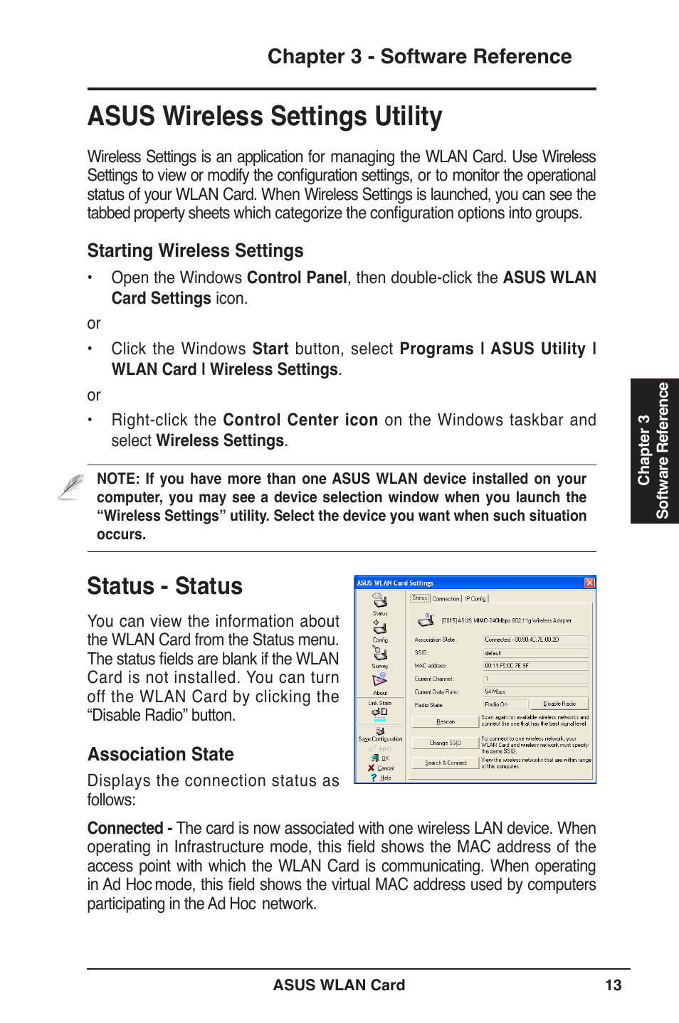 Asus wireless settings utility, Status - status, Chapter  - software reference | Asus WL-100W User Manual | Page 13 / 38
