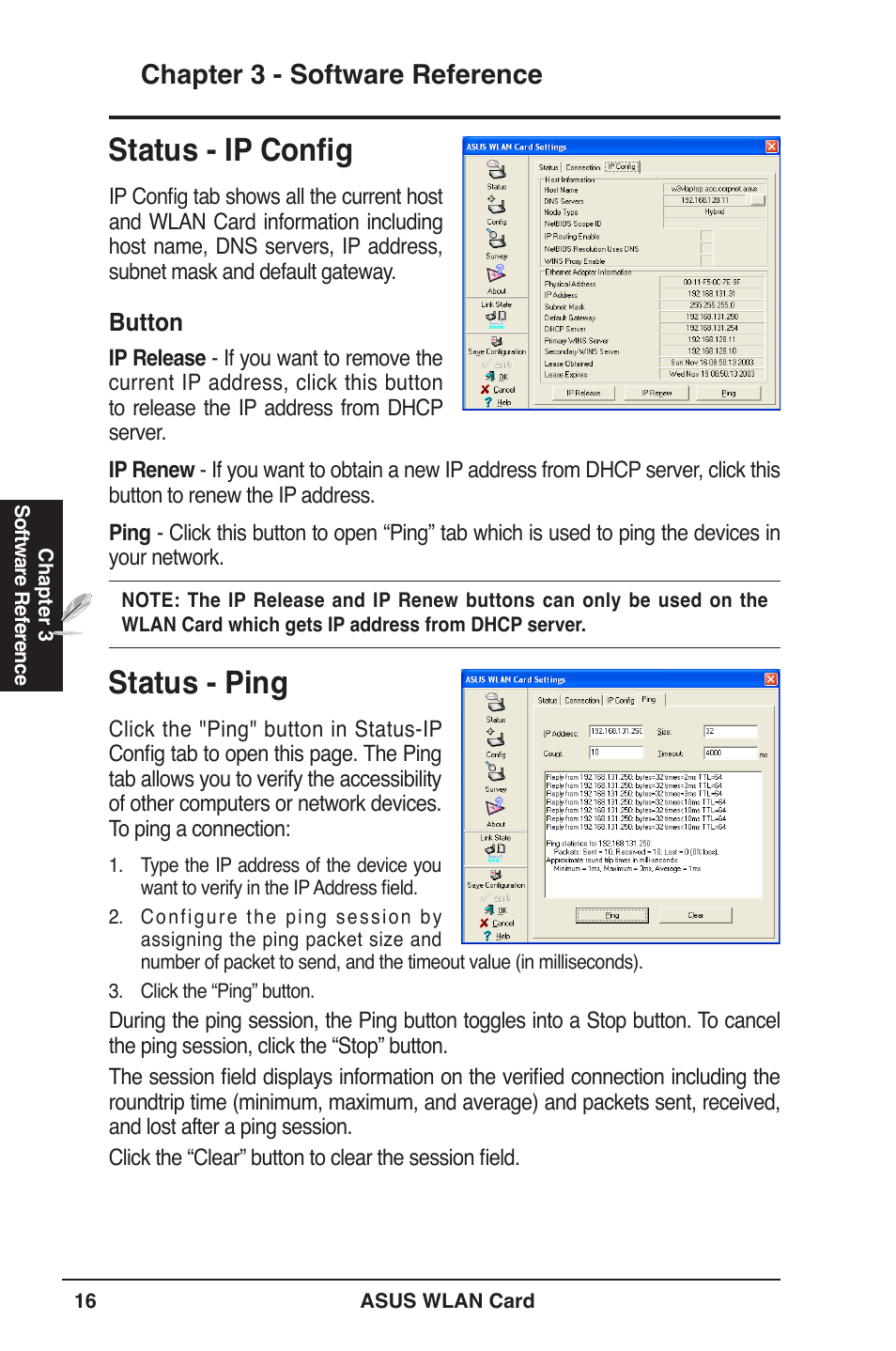 Status - ip config, Status - ping, Chapter  - software reference | Asus WL-100W User Manual | Page 16 / 38