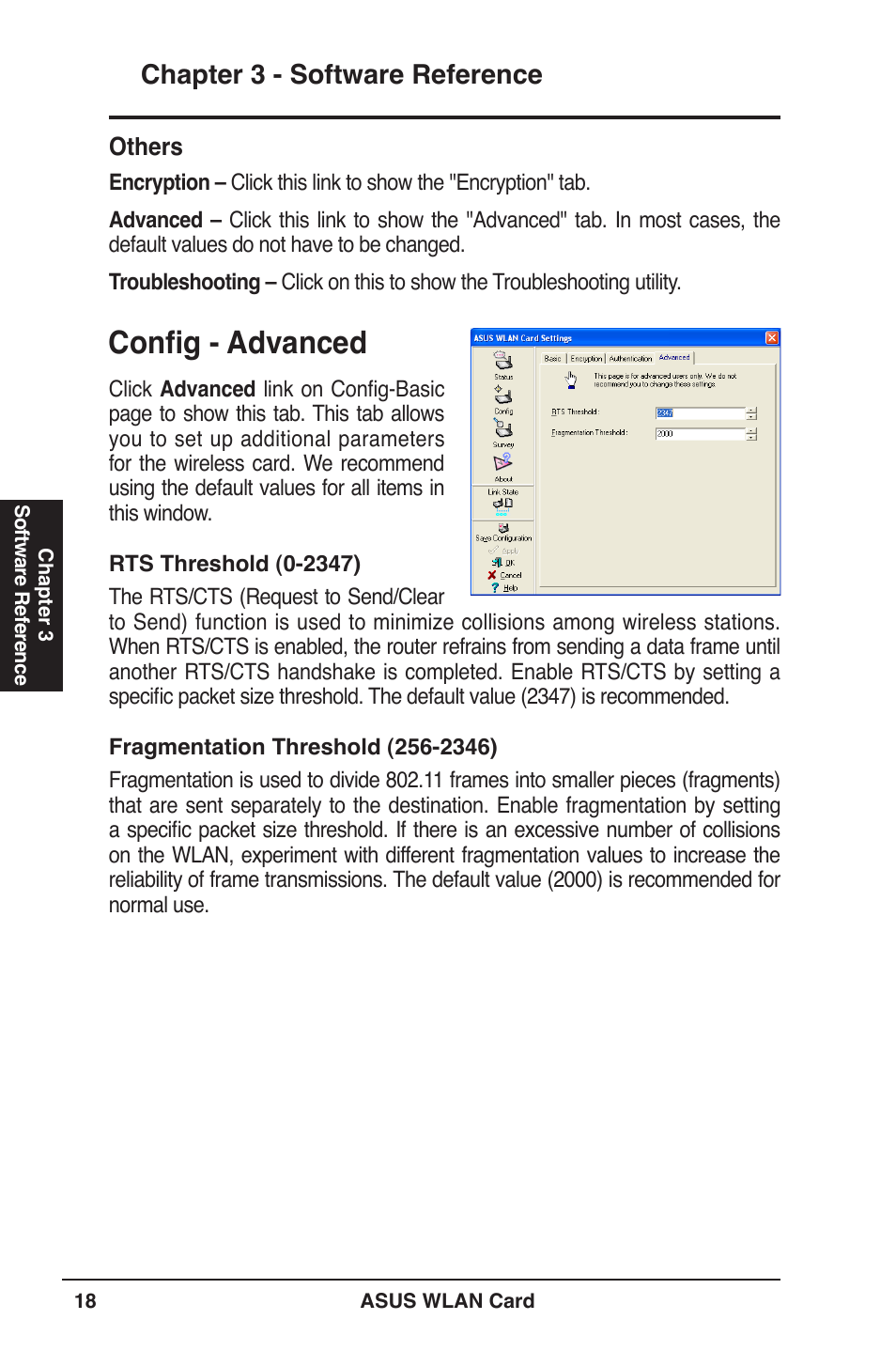 Config - advanced, Chapter  - software reference | Asus WL-100W User Manual | Page 18 / 38