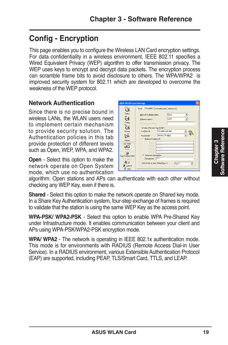 Config - encryption, Chapter  - software reference | Asus WL-100W User Manual | Page 19 / 38