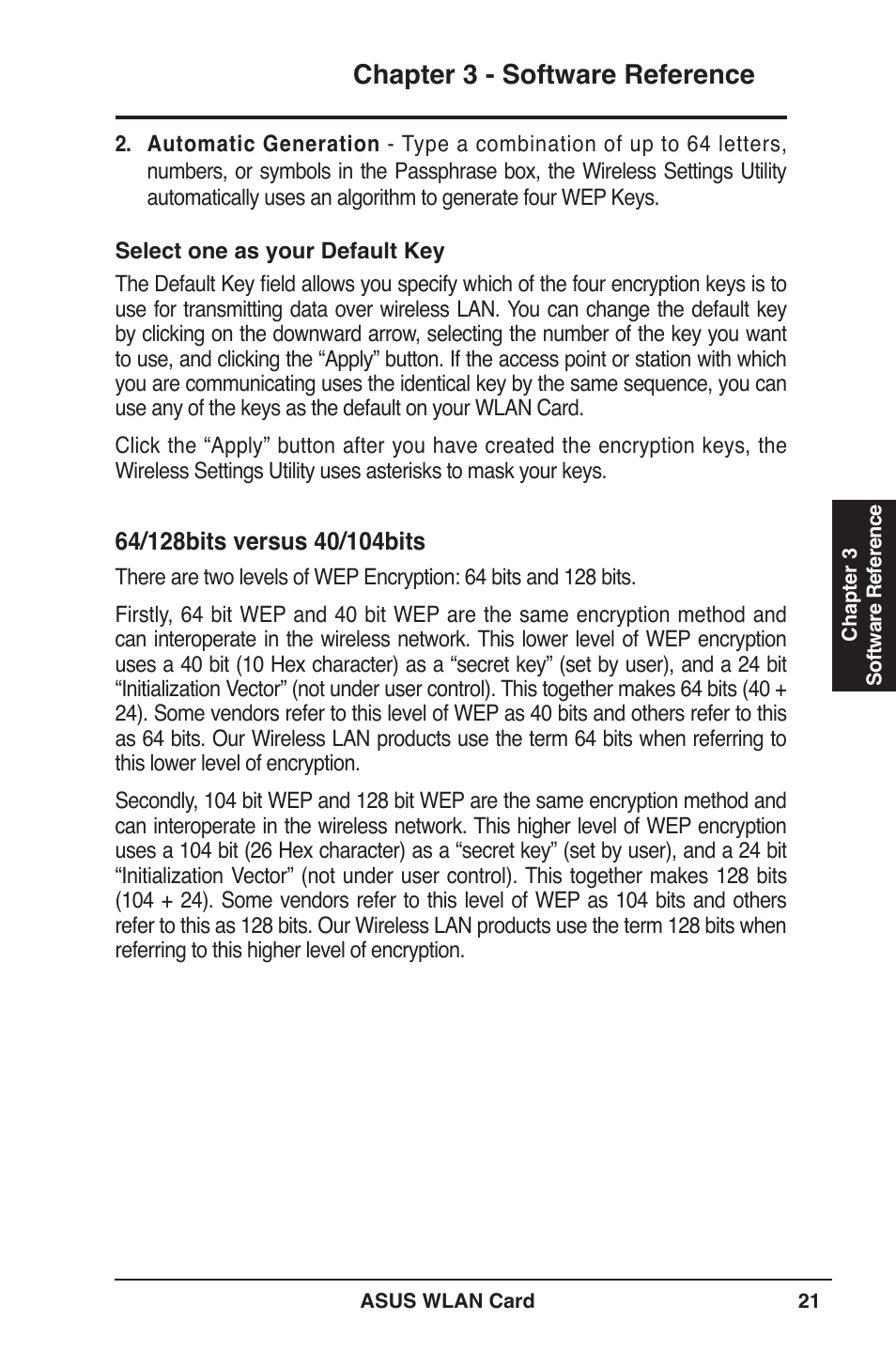 Chapter  - software reference | Asus WL-100W User Manual | Page 21 / 38