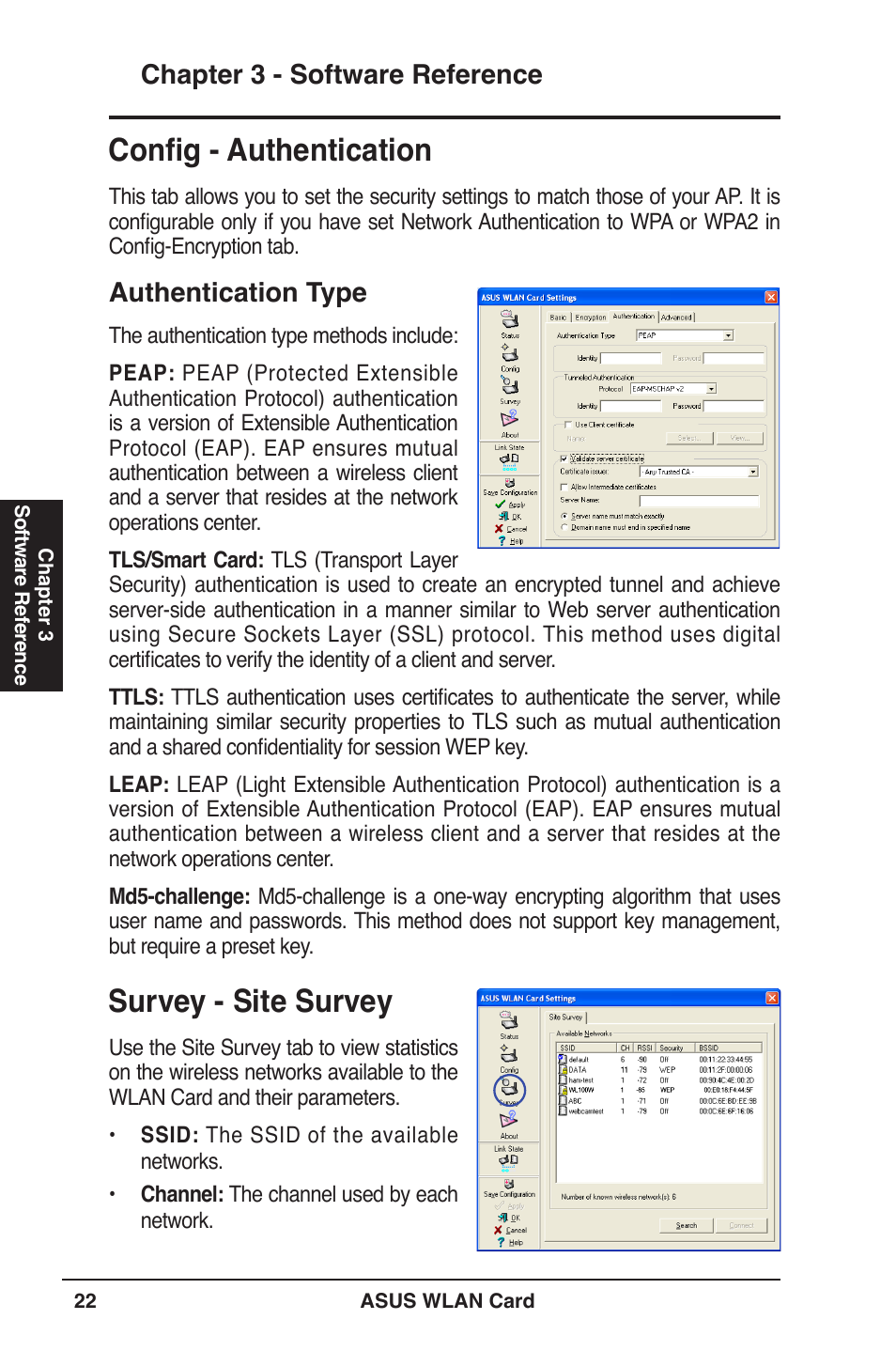 Survey - site survey, Config - authentication, Chapter  - software reference | Authentication type | Asus WL-100W User Manual | Page 22 / 38