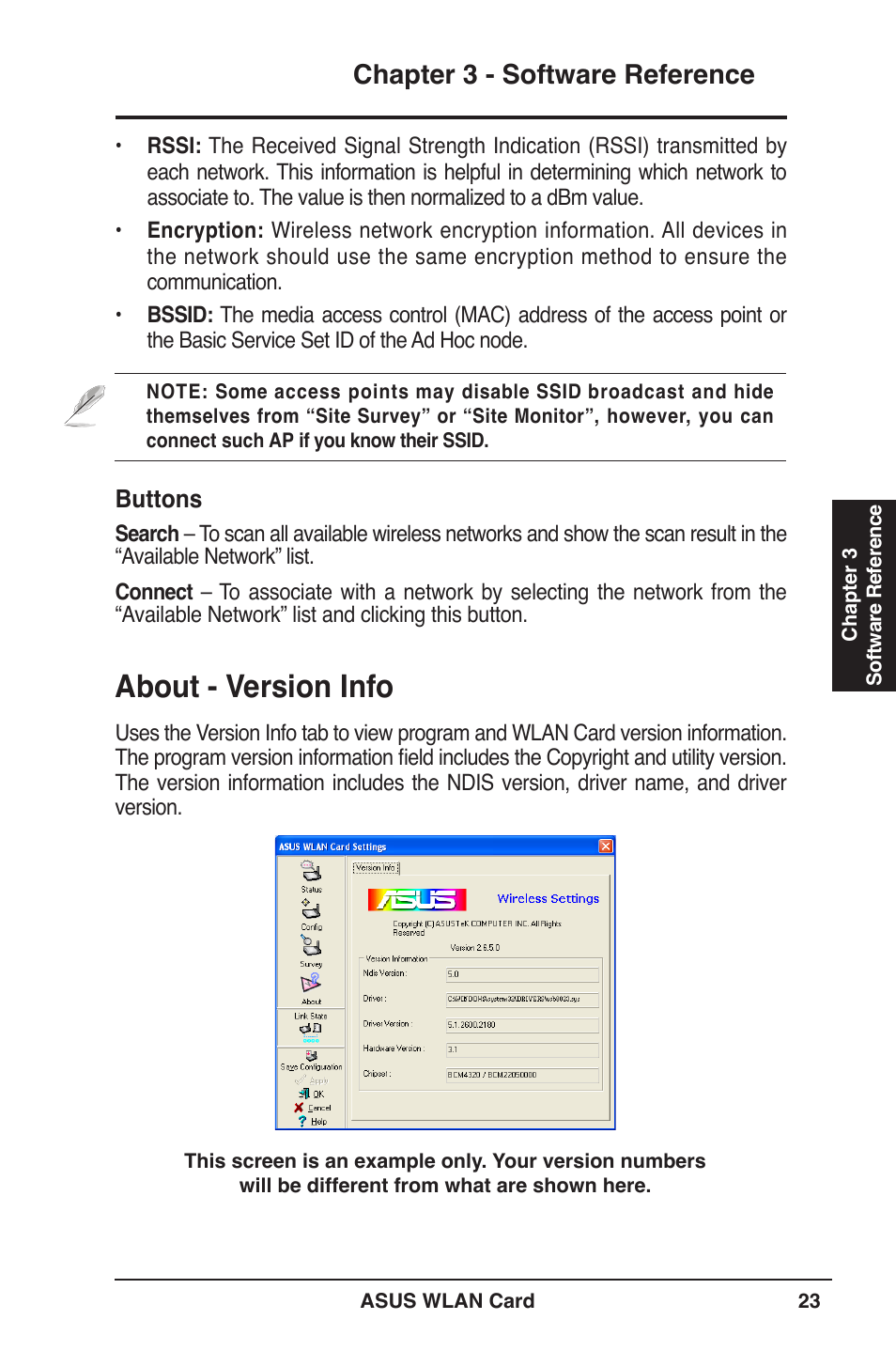 About - version info, Chapter  - software reference | Asus WL-100W User Manual | Page 23 / 38